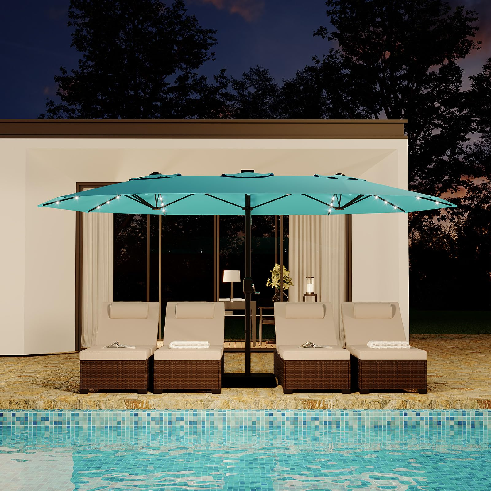 double patio umbrella with lights Garvee 15' Solar-Powered Patio Umbrella with 36 LED Lights, Double-Sided Design & Cross Base for Poolside, Deck, Backyard, Turquois