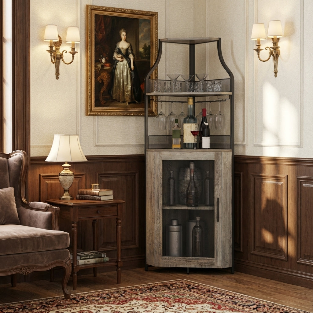 GARVEE Stylish Industrial Corner Wine Cabinet for Home Bar and Dining