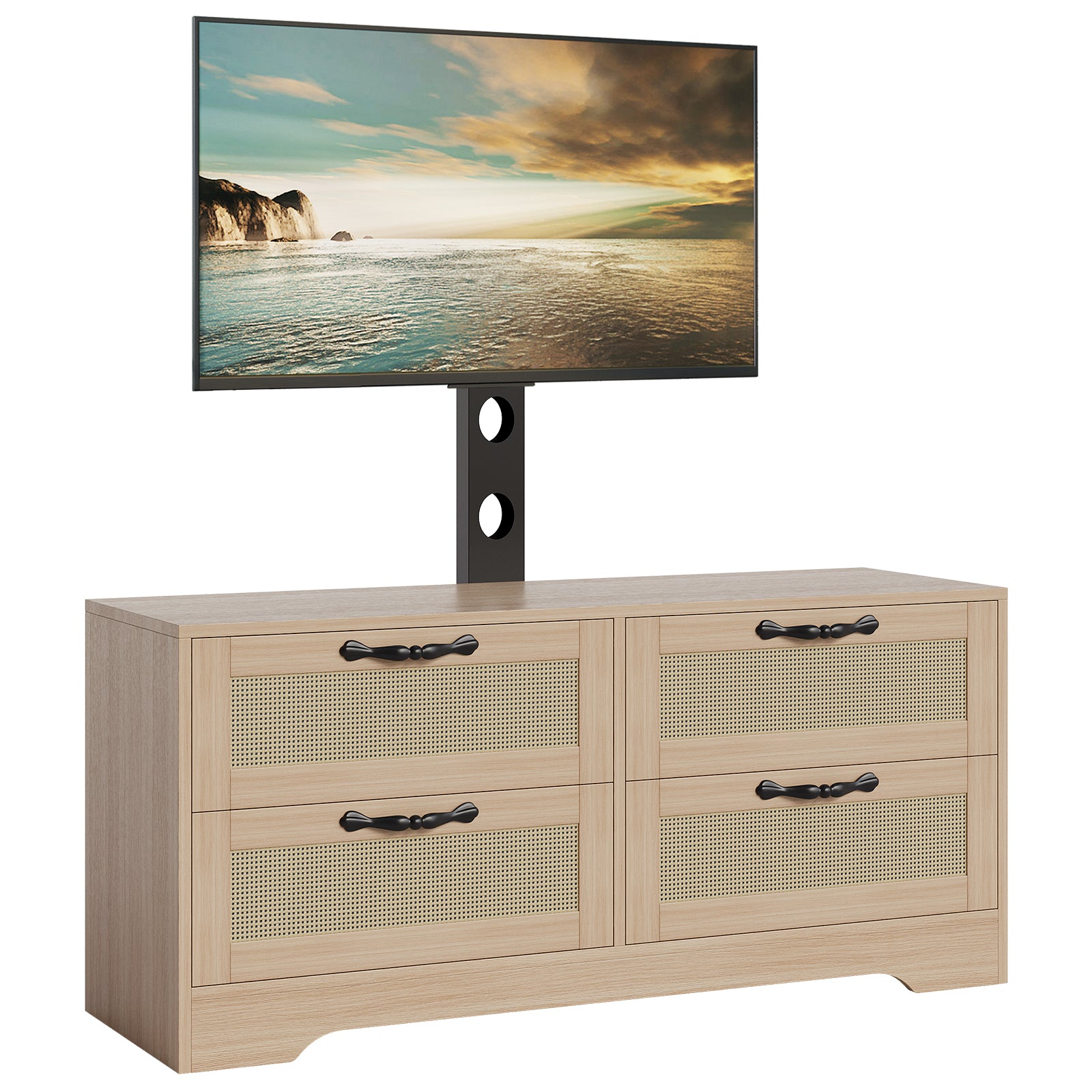 tv stand dresser for bedroom Garvee 4 Drawers Dresser TV Stand with Mount, Rattan Entertainment Center for TVs Up to 70 Inch, Farmhouse Style MDF Media Console for Living Room,