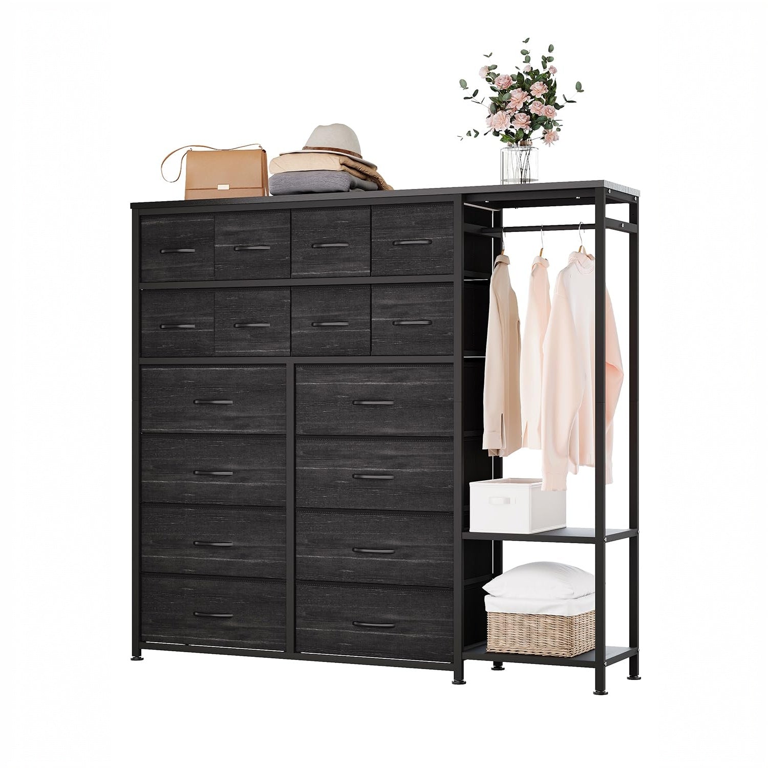 Garvee 16 Drawers Dresser with Clothes Rack