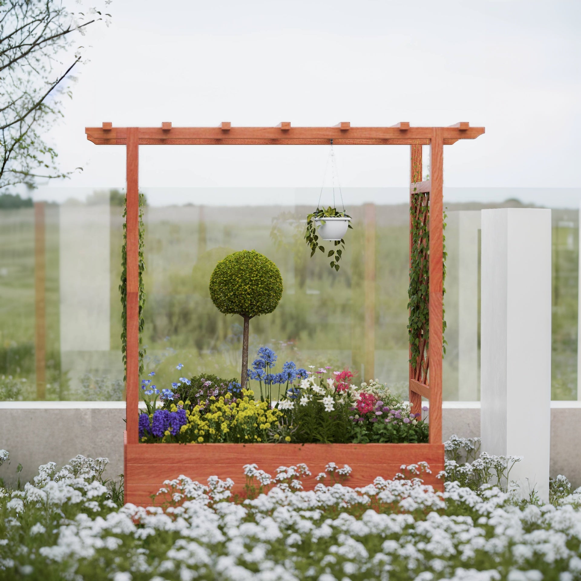 Garvee Elevated Garden Bed with Arch Trellis & Hanging Roof, Wood Planter Box for Vine Climbing Plants, 79