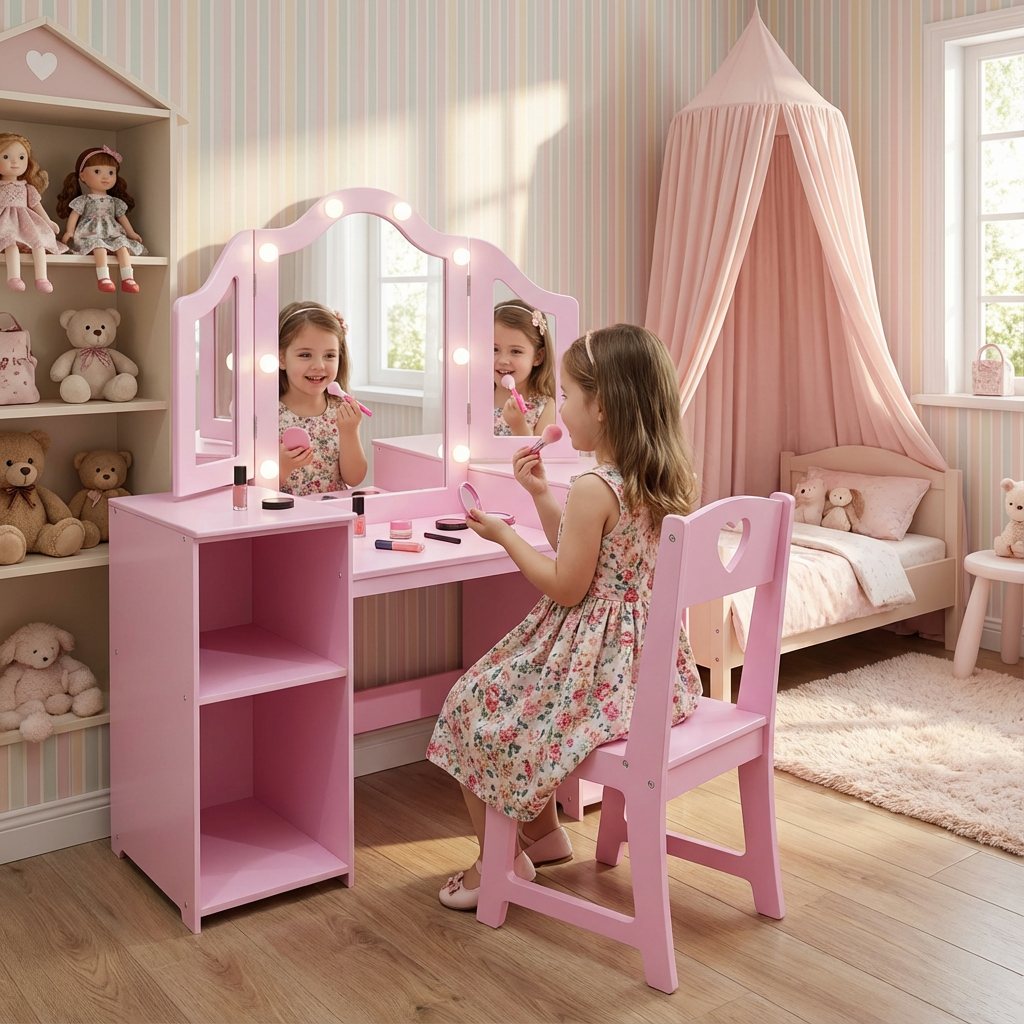Garvee Kids Vanity Table, Girls Vanity with Touch Light Detachable Tri-Folding Mirror, Open Storage Shelves, Wood Makeup Playset with Chair, Princess