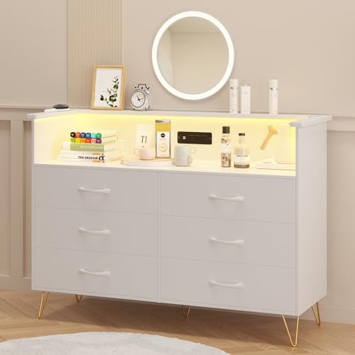 Garvee White Dresser with LED Light for Bedroom 6 Drawer, Wooden Dressers with Charging Station, Large Double Dresser with Wide Drawers, Modern Chests Garvee White Dresser with LED Light for Bedroom 6 Drawer, Wooden Dressers with Charging Station, Large Double Dresser with Wide Drawers, Modern Chests