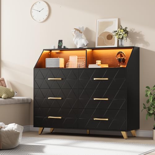 Garvee Black Dresser with Charging Station, LED TV Stand Dresser with 6 Drawers, Wood Modern Dressers & Chests of Drawers for Closet, Bedroom, Living