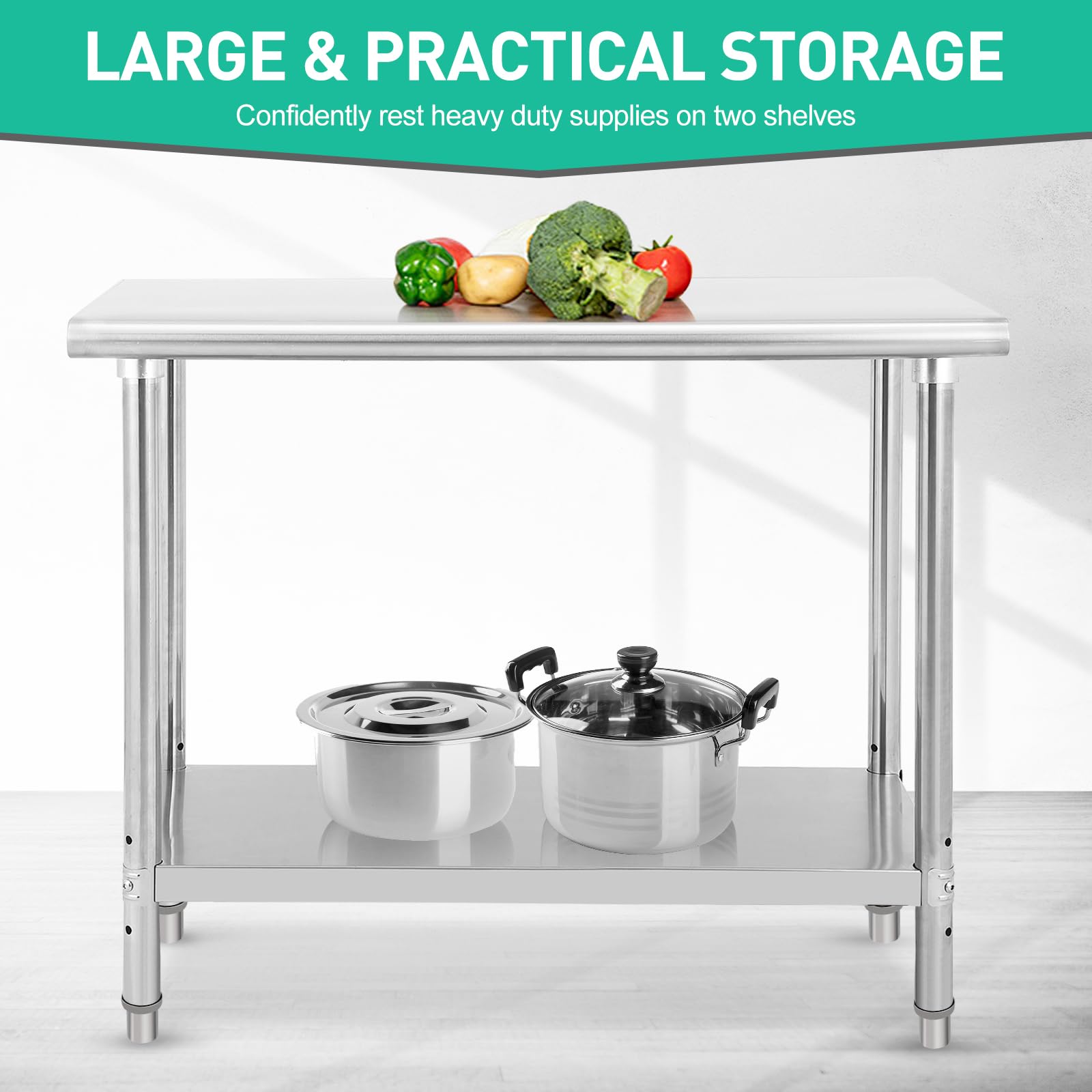 48x30x35 Inch Stainless Steel Table Metal Double Tier Worktable