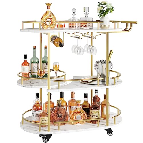 Costway 3-Tier Kitchen Trolley Cart With Wine Rack And Glass Holder – Brown/Black, Rolling Bar Cart