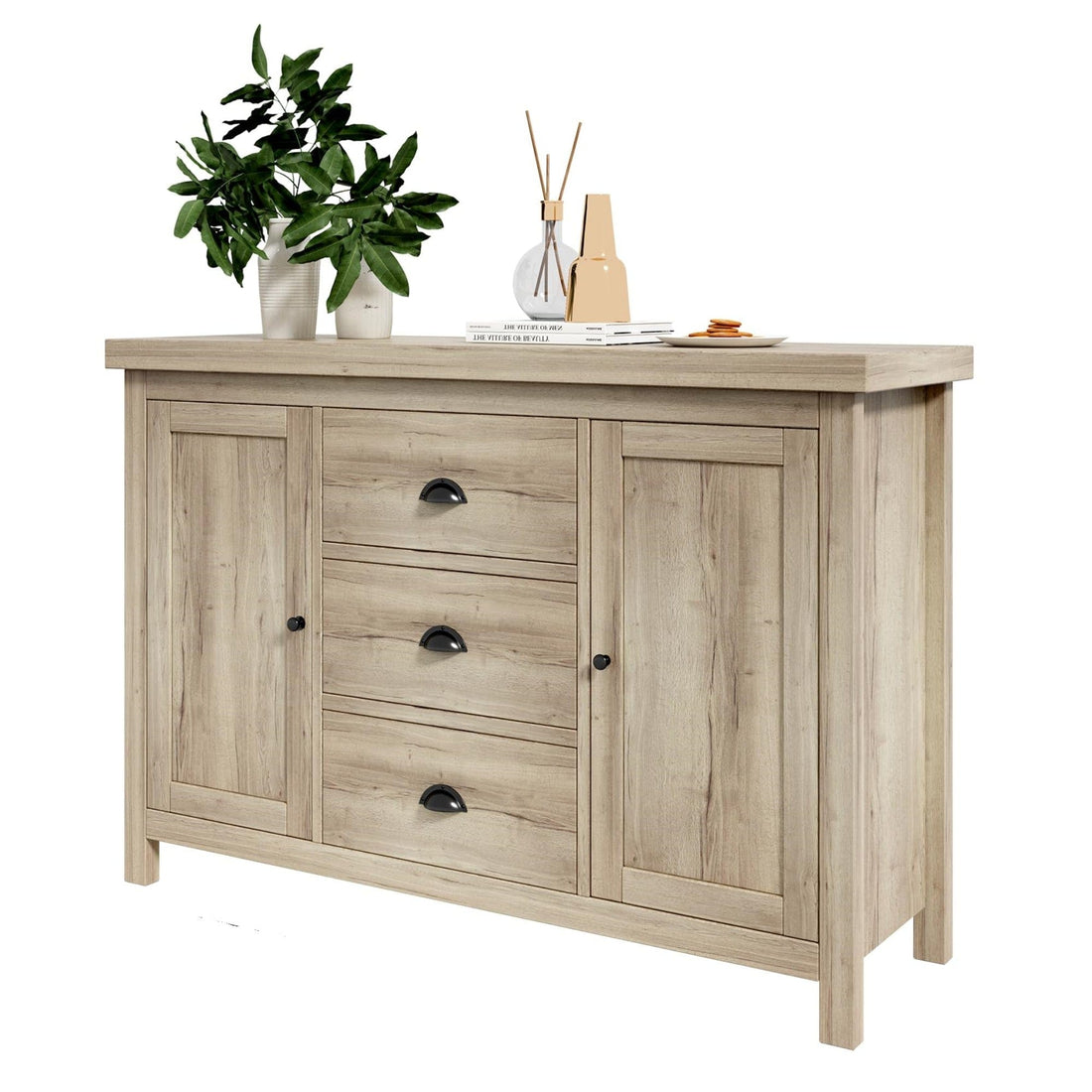 Oak Buffet Sideboard with 3 Drawers, 2 Doors for Kitchen Storage