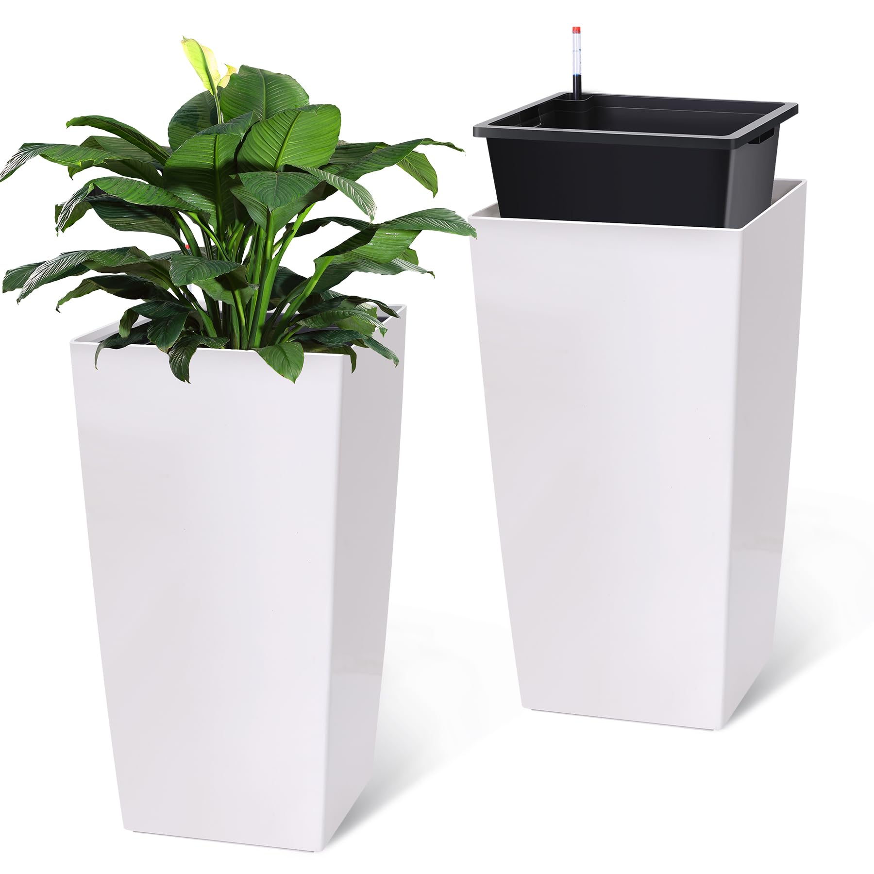 tall plant vase indoor Garvee 30" Tall Planter Set of 2,Heavy Duty Tall Planter,High Front Porch Planter Pots with Drainage Holes&Water Level Monitor&Inner Bucket, Automatic
