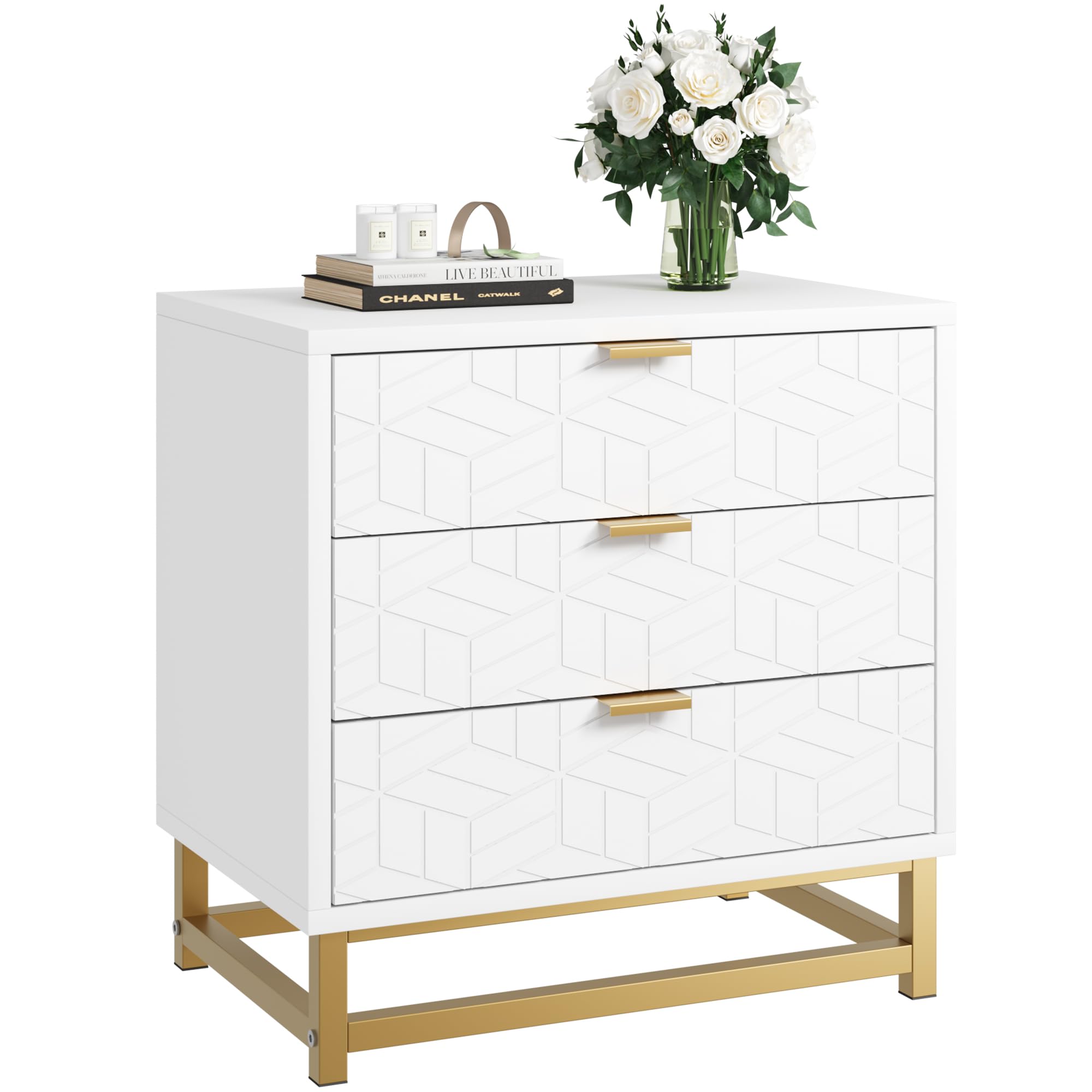 Garvee White 3 Drawer Dresser, Large Dresser for Bedroom, Wood Dresser with  3 Large Drawers, Modern Dressers with Gold Metal Handles for Living Room,  