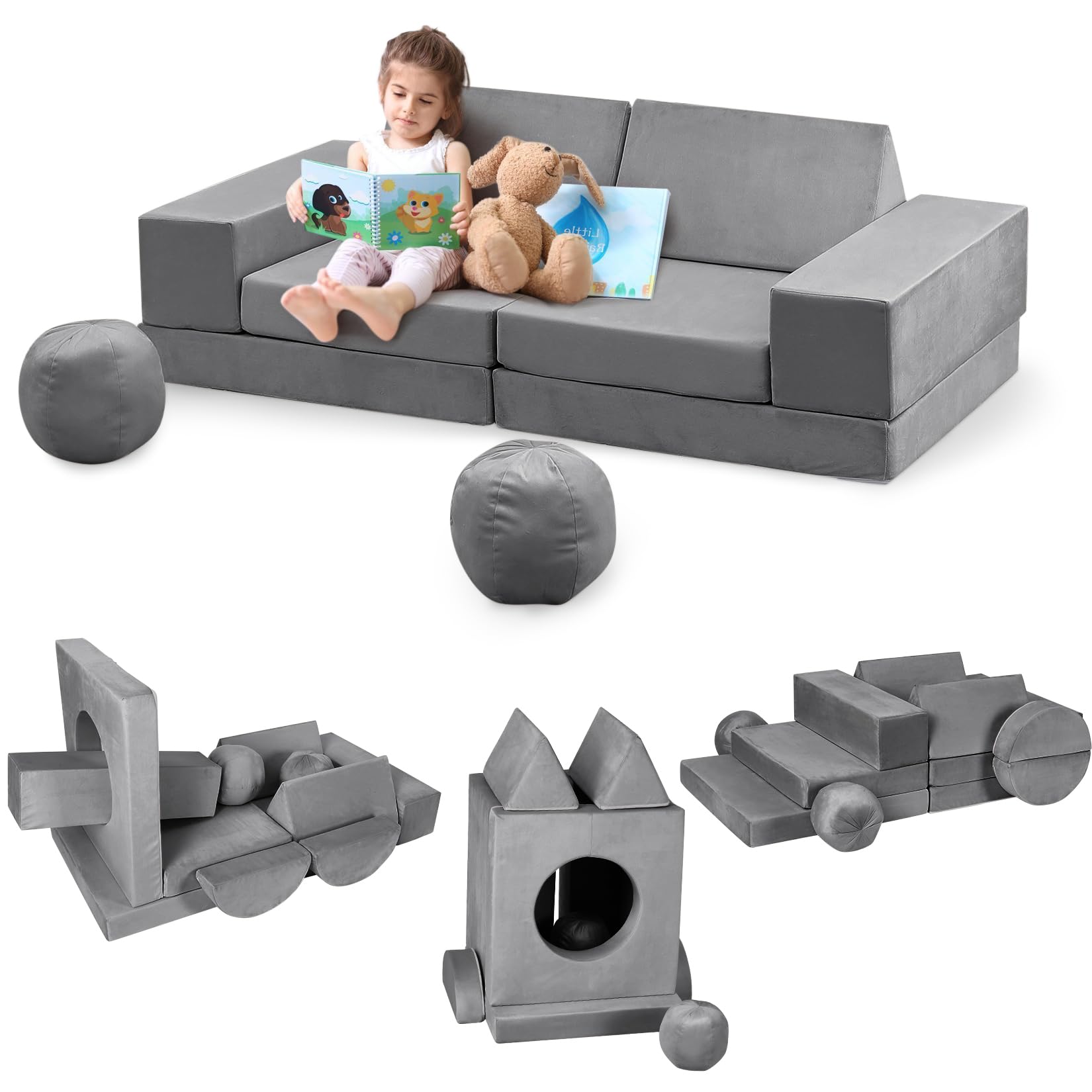Garvee Kids Couch 12 PCS Stackable Block Dark Grey Convertible