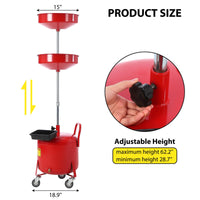Gallon Waste Oil Drain Tank, Portable Oil Drain Container, Air Operated Drainer, Fluid Fuel Transfer Drainage, Adjustable Funnel Height with Wheel &15'' Premium Bowl and a Toolbox, Red