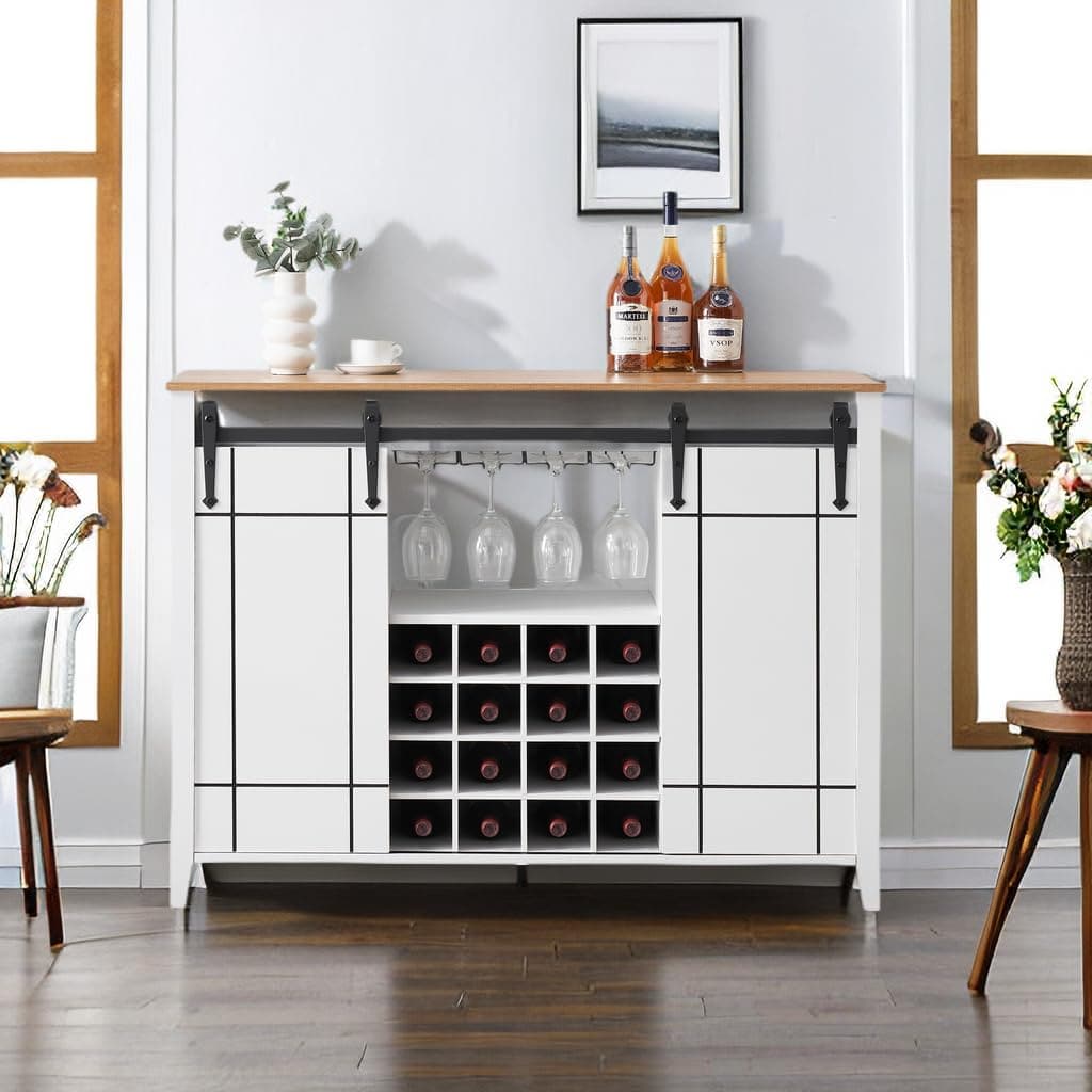 Farmhouse Coffee Bar Cabinet with Storage, 47 Inch  Wine Bar Cabinet with Sliding Barn Door, Buffet Sideboard Cabinet with 16 Bottle Wine Rack for Dining, Living Room