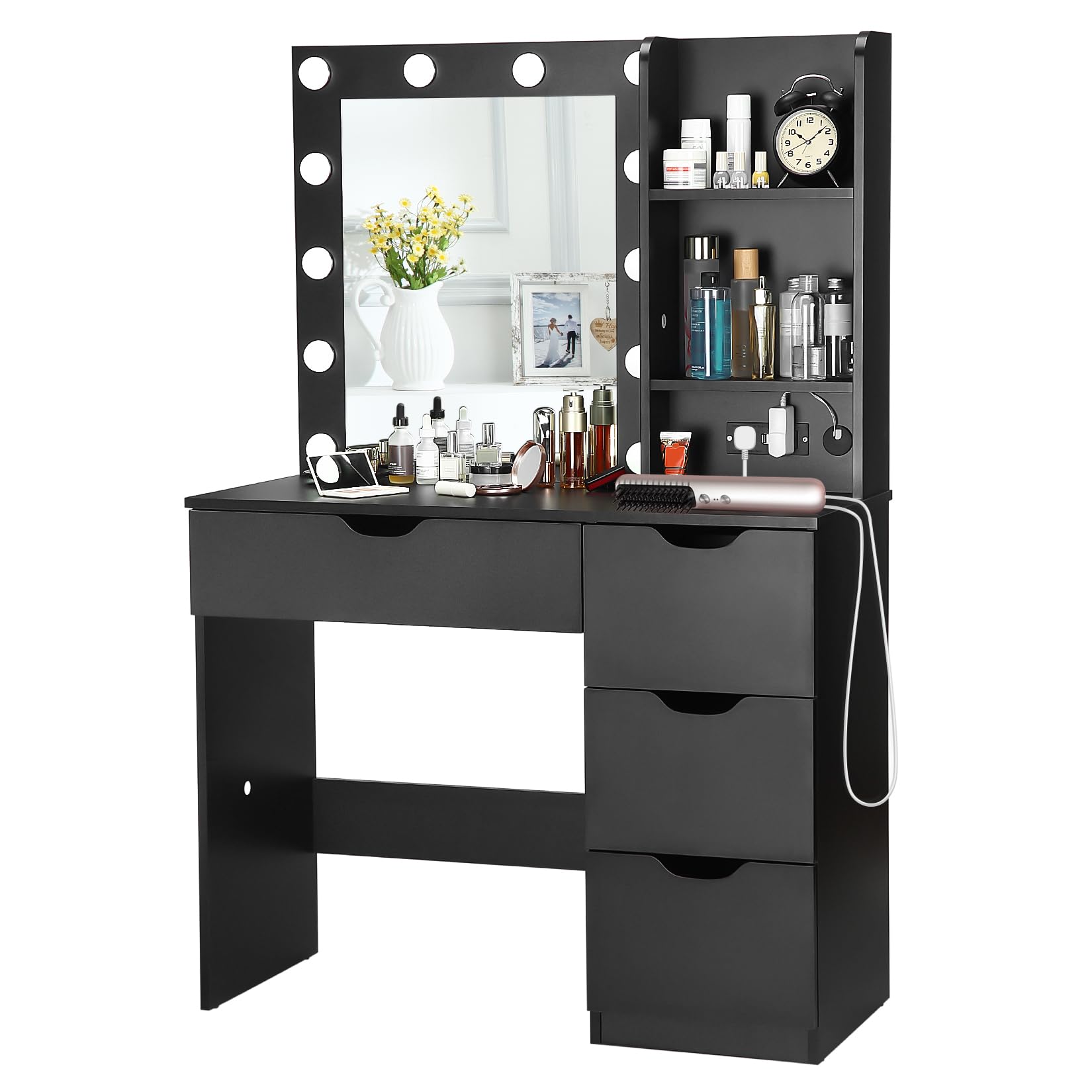Garvee Modern Vanity Makeup Desk with Vanity Mirror, Built-in Lights, 4 Drawers, Crystal Ball Knobs, Power Outlet, White Makeup Desk for Bedroom Garvee Modern Vanity Makeup Desk with Vanity Mirror, Built-in Lights, 4 Drawers, Crystal Ball Knobs, Power Outlet, White Makeup Desk for Bedroom