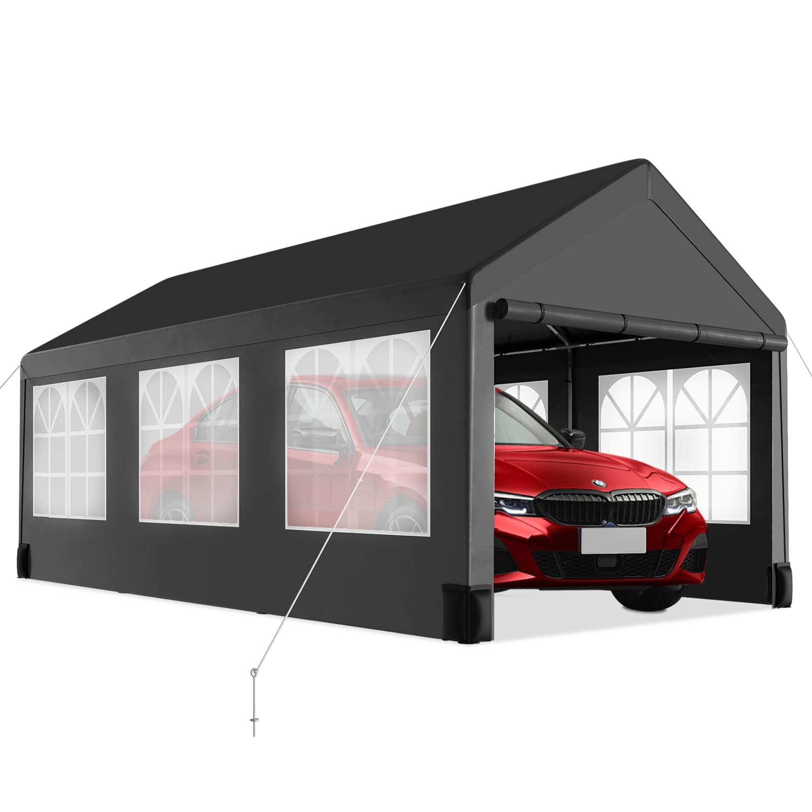 carport party tent Garvee 12'x20' Heavy Duty Carport Canopy, Portable Car Tent Garage with 6  Roll-Up Windows, All-Season Tarp, Metal Roof & 4 Sandbags, Black