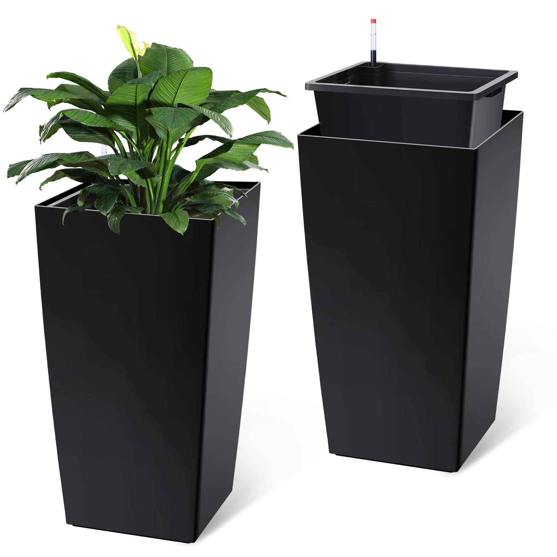 planter sets indoor GAOMON 30" Tall Planter Set of 2,Heavy Duty Tall Planter,High Front Porch Planter Pots with Drainage Holes&Water Level Monitor&Inner Bucket, Automatic