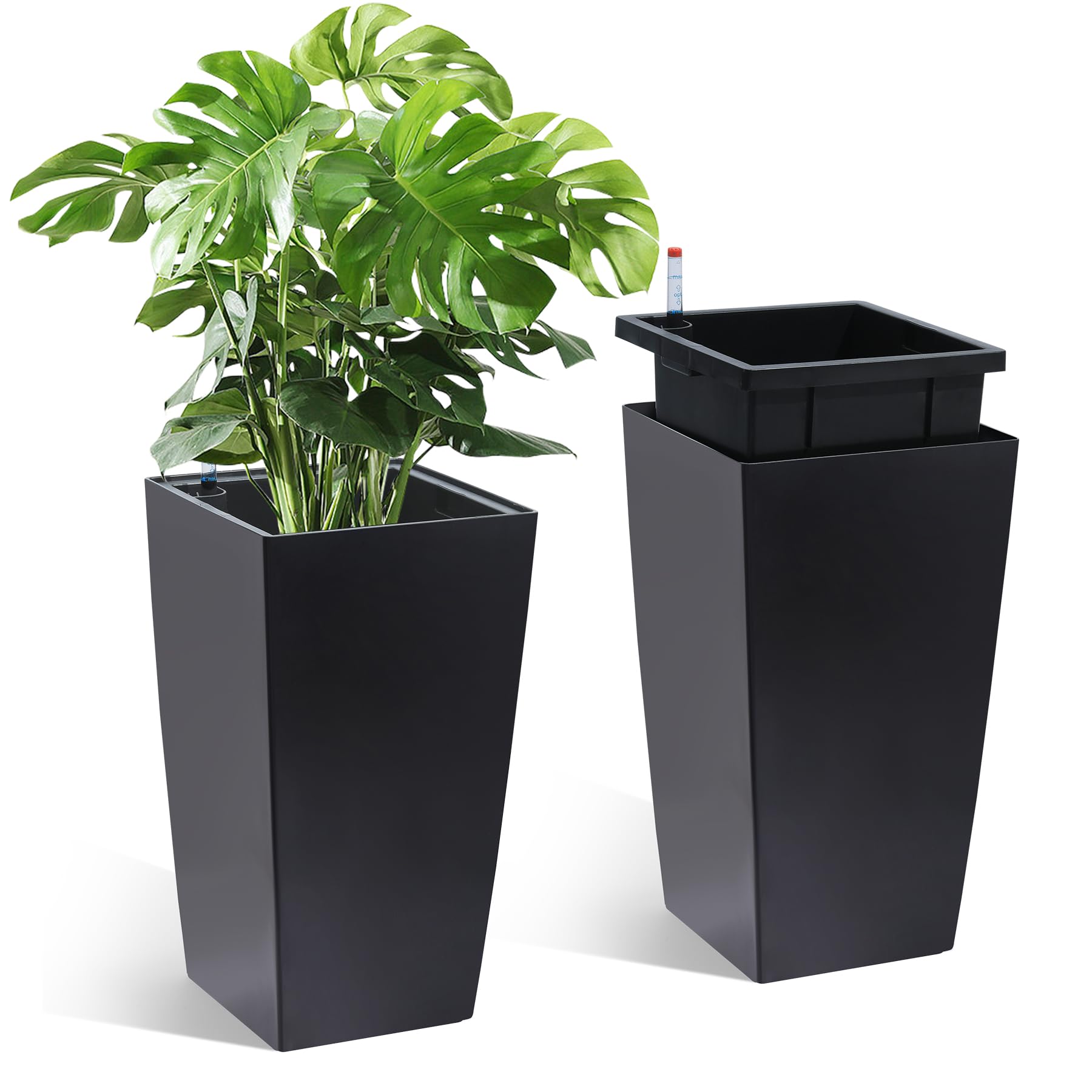 Garvee 16 Inch Tall Rectangular Planters Set of 2 Large Modern Plant Pots with Drainage Holes&Water Level Monitor&Wheels Outdoor and Indoor for Patio,