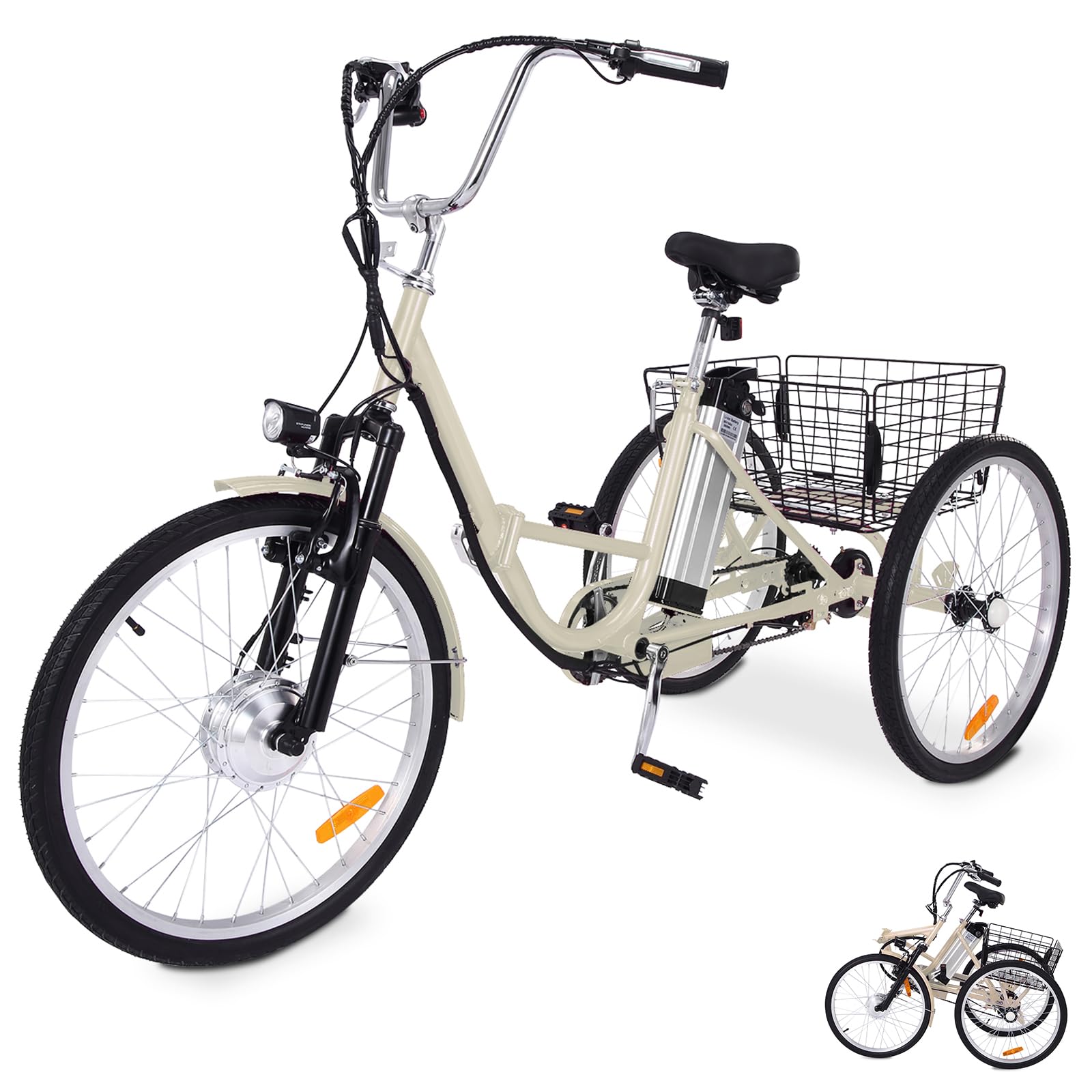 24 inch 3 wheel bicycle Garvee 24 Inch Adult 3 Wheel Electric Tricycle with Basket, Fat Tires,7 Speeds,350W Powerful Motor, 36V 10Ah Removable Battery