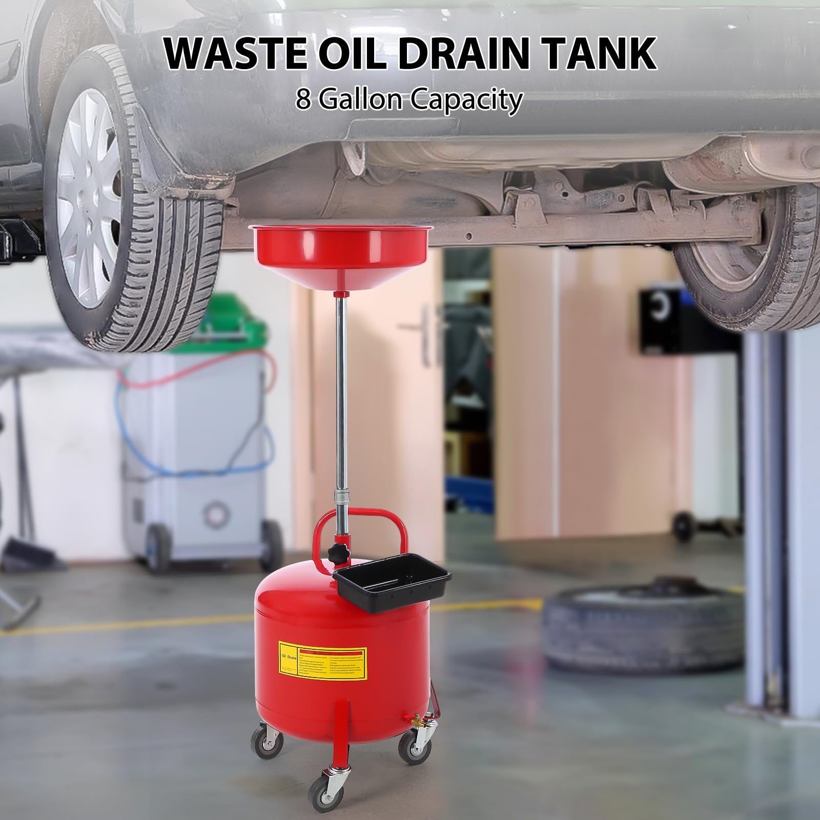 Gallon Waste Oil Drain Tank, Portable Oil Drain Container, Air Operated Drainer, Fluid Fuel Transfer Drainage, Adjustable Funnel Height with Wheel &15'' Premium Bowl and a Toolbox, Red