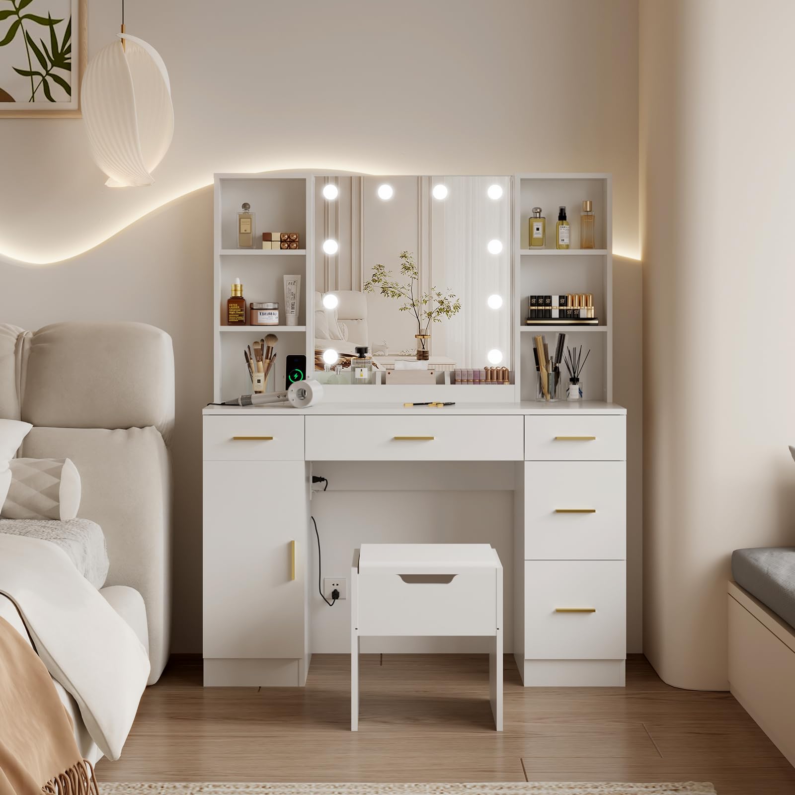 white metal dressing table White Wood and Metal Makeup Vanity Set with Mirror and StoolHomary