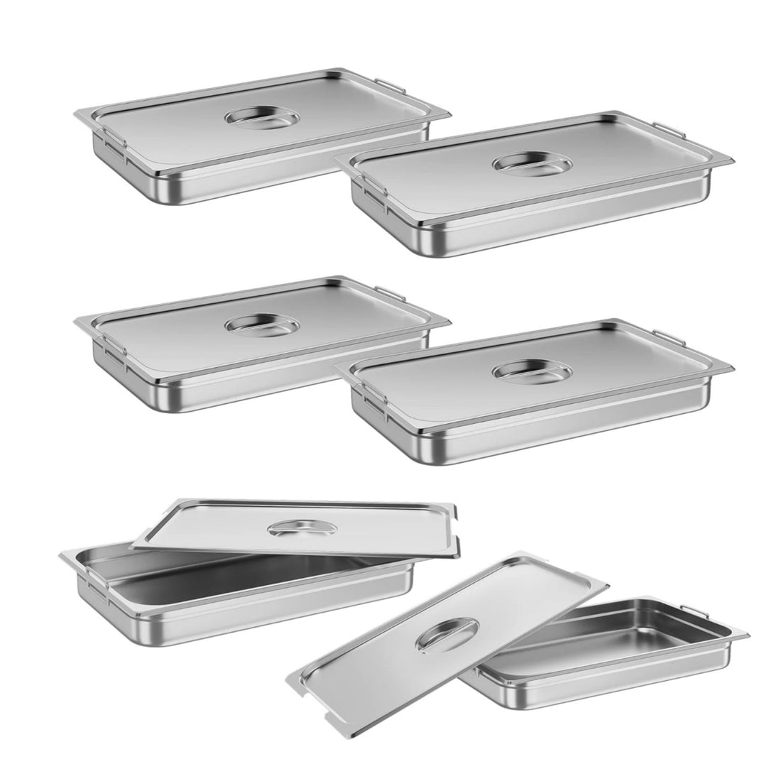 6 Pack 2.5 Inch Deep Stainless Steel Hotel Pan with Lid, NSF