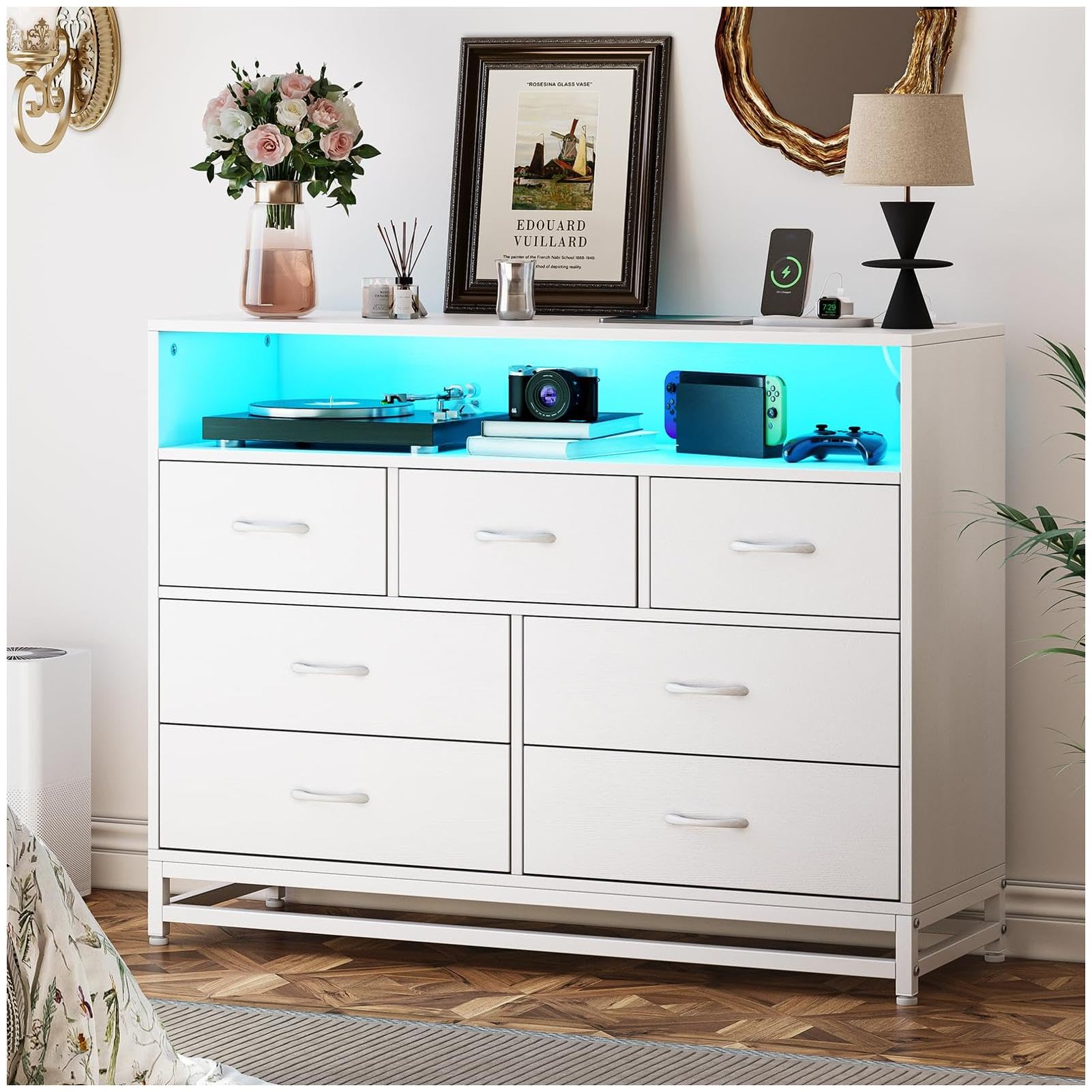 GARVEE White Modern 7-Drawer Dresser with Charging Station & LED Lights