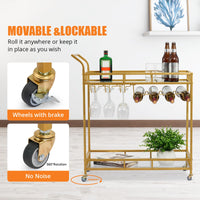 Large Gold Bar Serving Cart with 2 Mirrored Shelves & Wine Holders