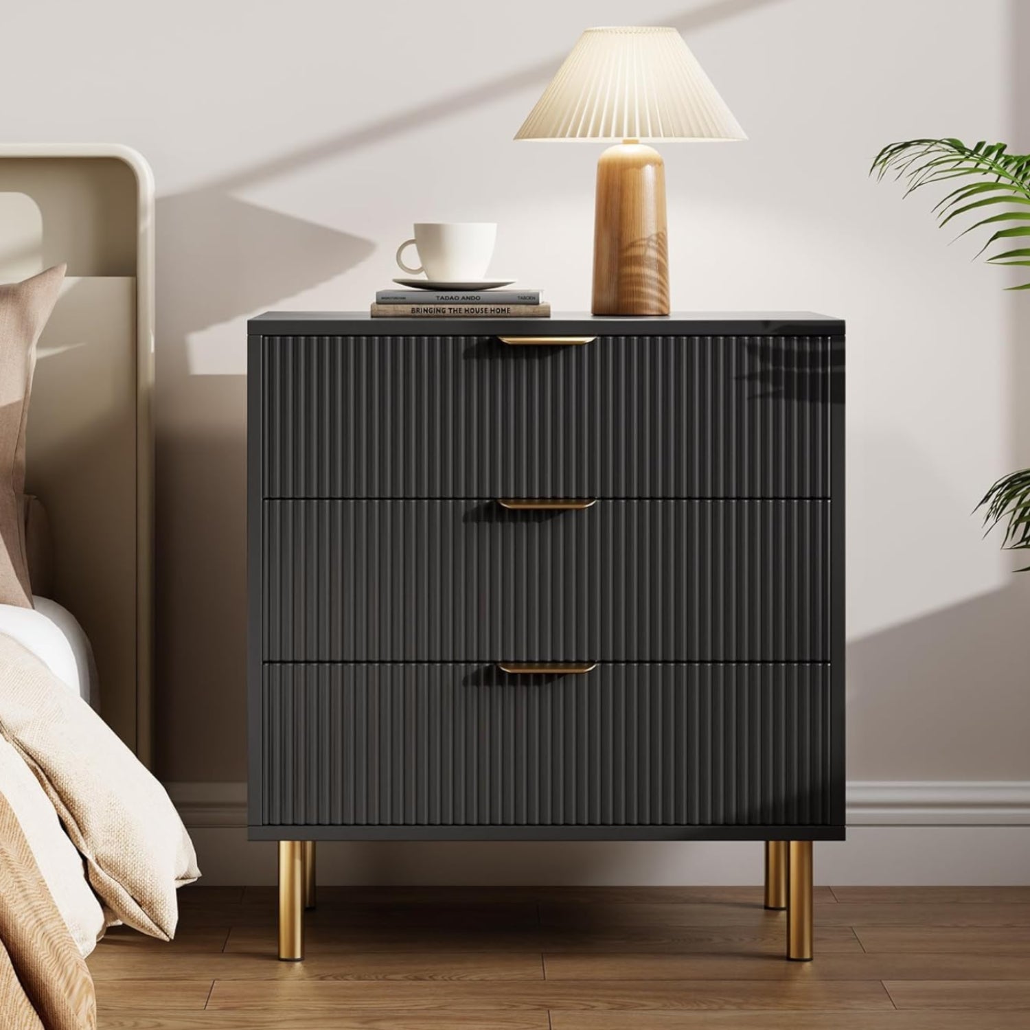 Garvee 3 Drawer Dresser for Bedroom, Modern Wooden Storage Chest with Gold Metal Handles, Anti-Tipping Design, Large Nightstand Organizer for Entryway
