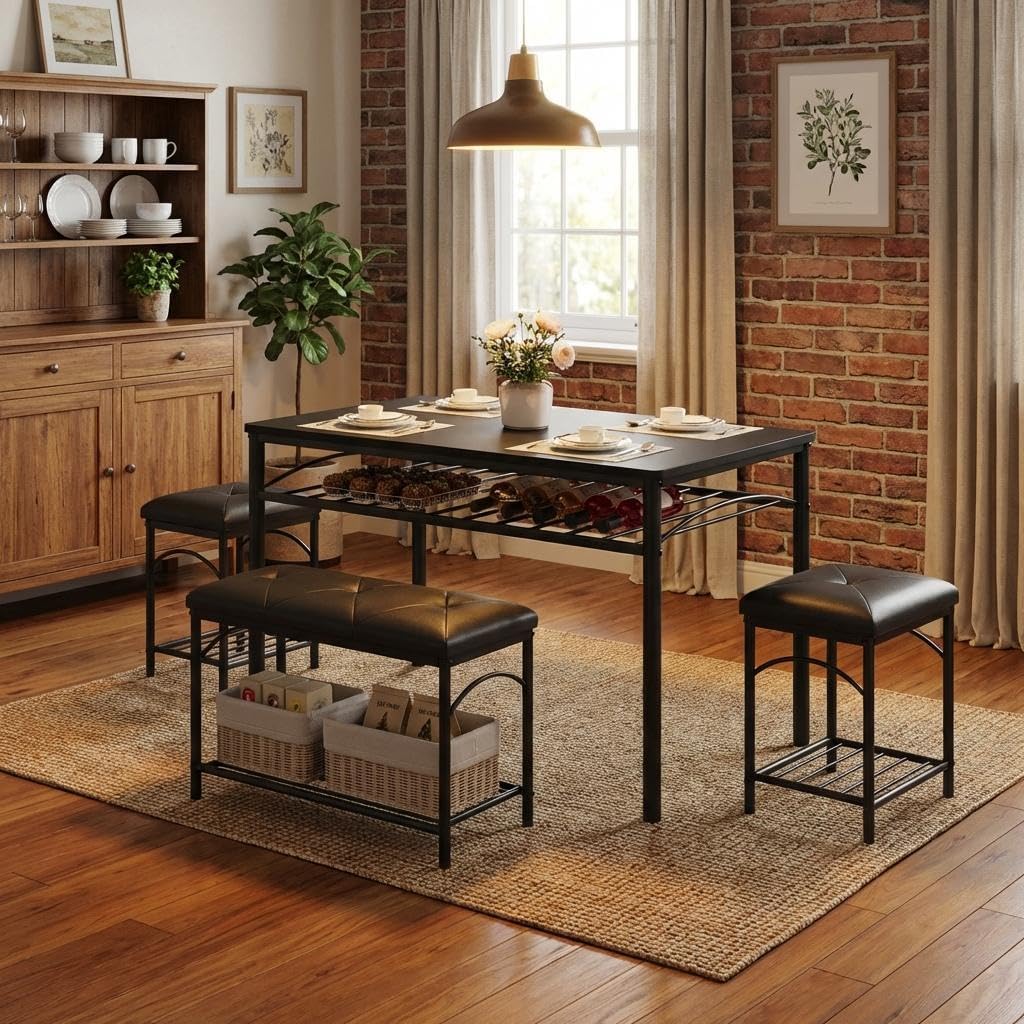 Garvee Dining Table Set for 4 with Upholstered Benches and 2 Stools, S