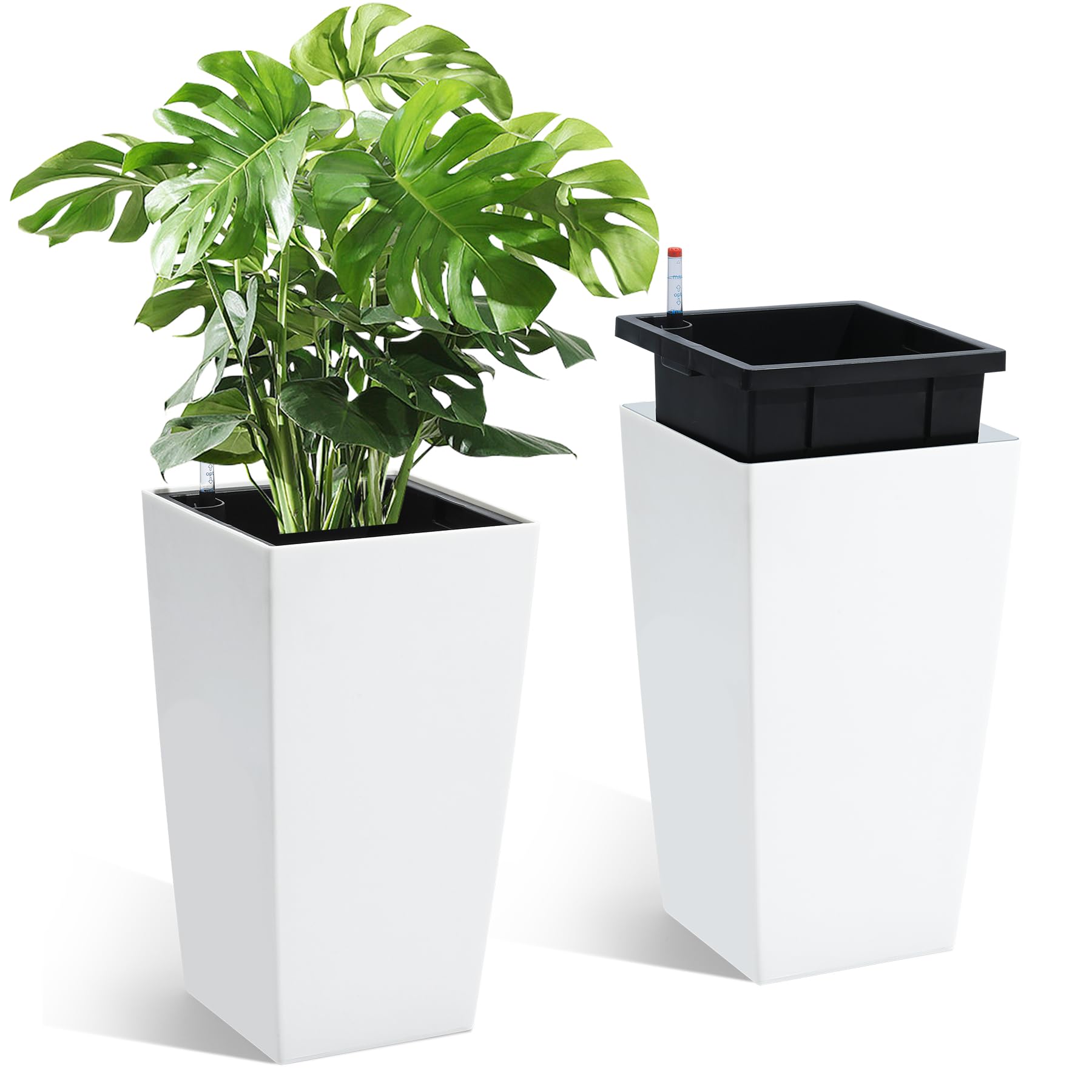 16 inch indoor plant pot STMHOM 16 Inch Tall Rectangular Planters Set of 2 Large Modern Plant Pots with Drainage Holes&Water Level Monitor&Wheels Outdoor and Indoor for