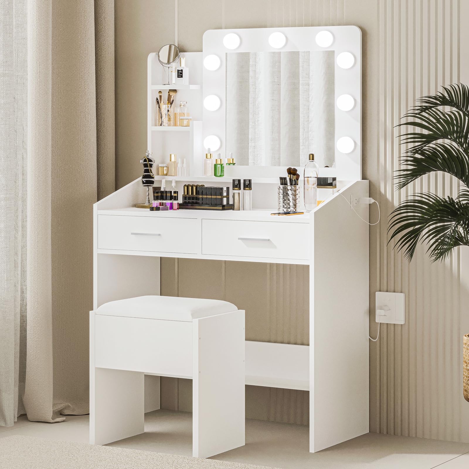 Garvee Vanity Desk with Mirror and LED Lights, Makeup Vanity Desk with Power Outlet and Cushioned Stool, Dressing Table with 2 Drawers & 3 Lighting Garvee Vanity Desk with Mirror and LED Lights, Makeup Vanity Desk with Power Outlet and Cushioned Stool, Dressing Table with 2 Drawers & 3 Lighting