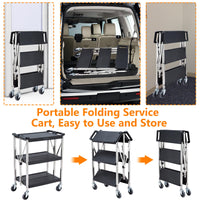 3-Tier Foldable Service Cart, 100Lbs/Shelf, Swivel Wheels