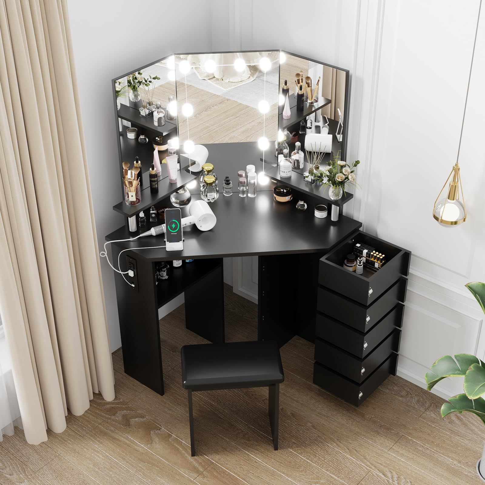 PullaFun Corner Makeup Vanity Desk with Lights & Power Outlet