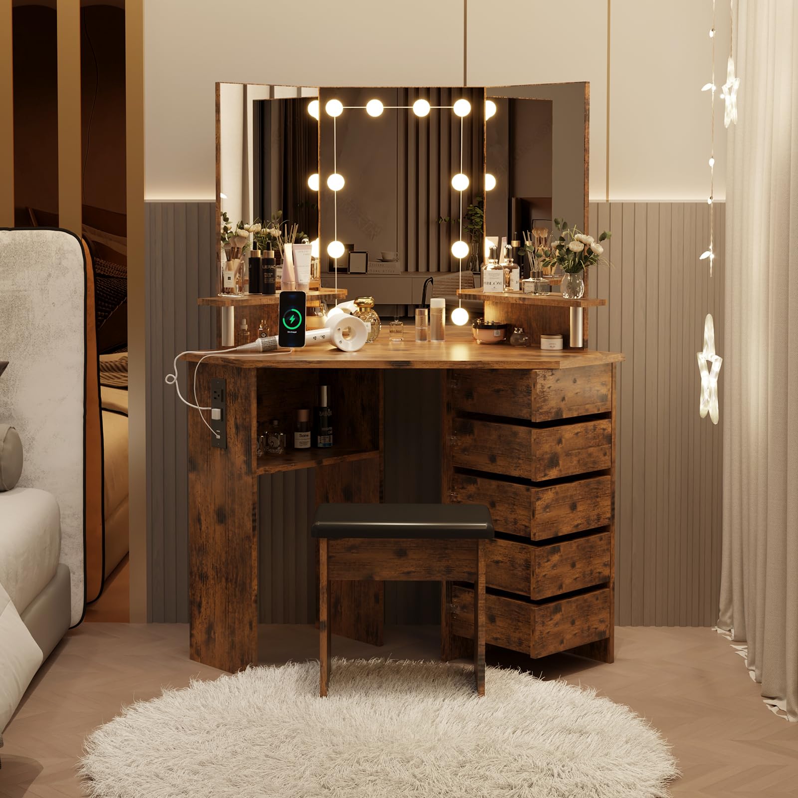 Garvee Makeup Vanity Desk with Lights & Power Outlet, Corner Vanity Table with 5 Rotating Drawers,3 Color Lighting, Brightness Adjustable, Shelves and ... Garvee Makeup Vanity Desk with Lights & Power Outlet, Corner Vanity Table with 5 Rotating Drawers,3 Color Lighting, Brightness Adjustable, Shelves and ...