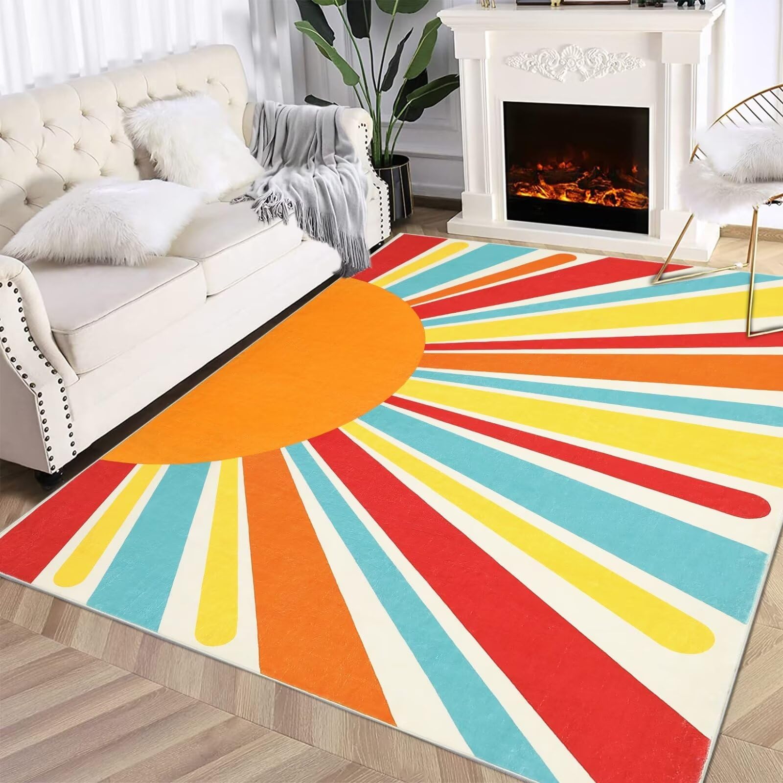 GARVEE Boho Machine Washable Rugs 4x6 Rainbow Sun Print Non-Slip
