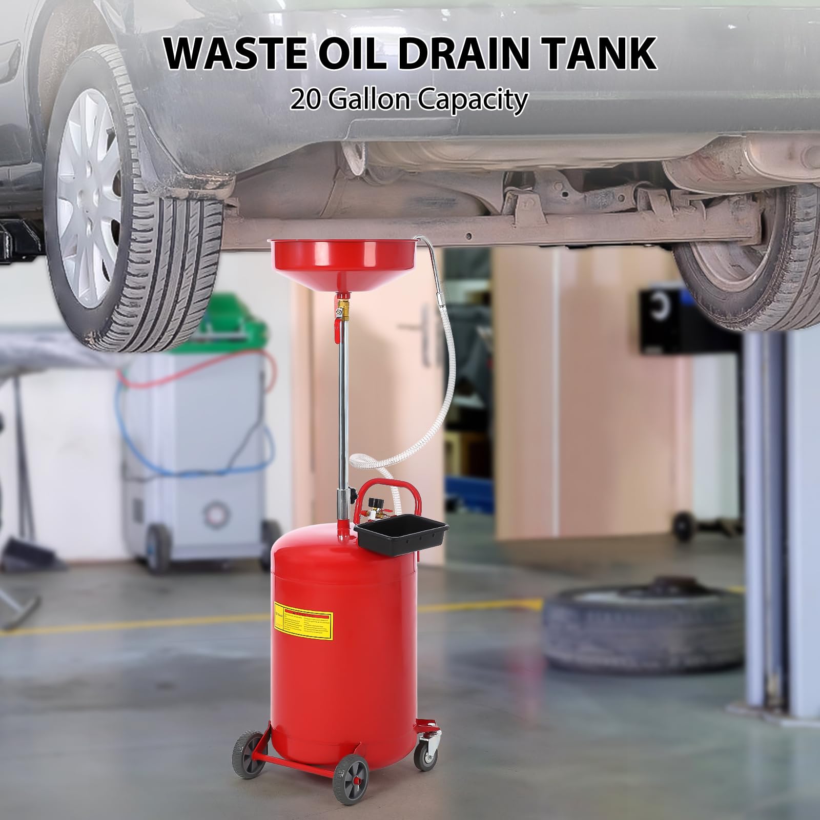 Waste Oil Drain Tank, 20 Gallon Portable Oil Drain Container, Air Operated Drainer for Oil Change, Fluid Fuel Transfer Drainage with Adjustable Funnel Height & Wheel for Easy Oil Removal