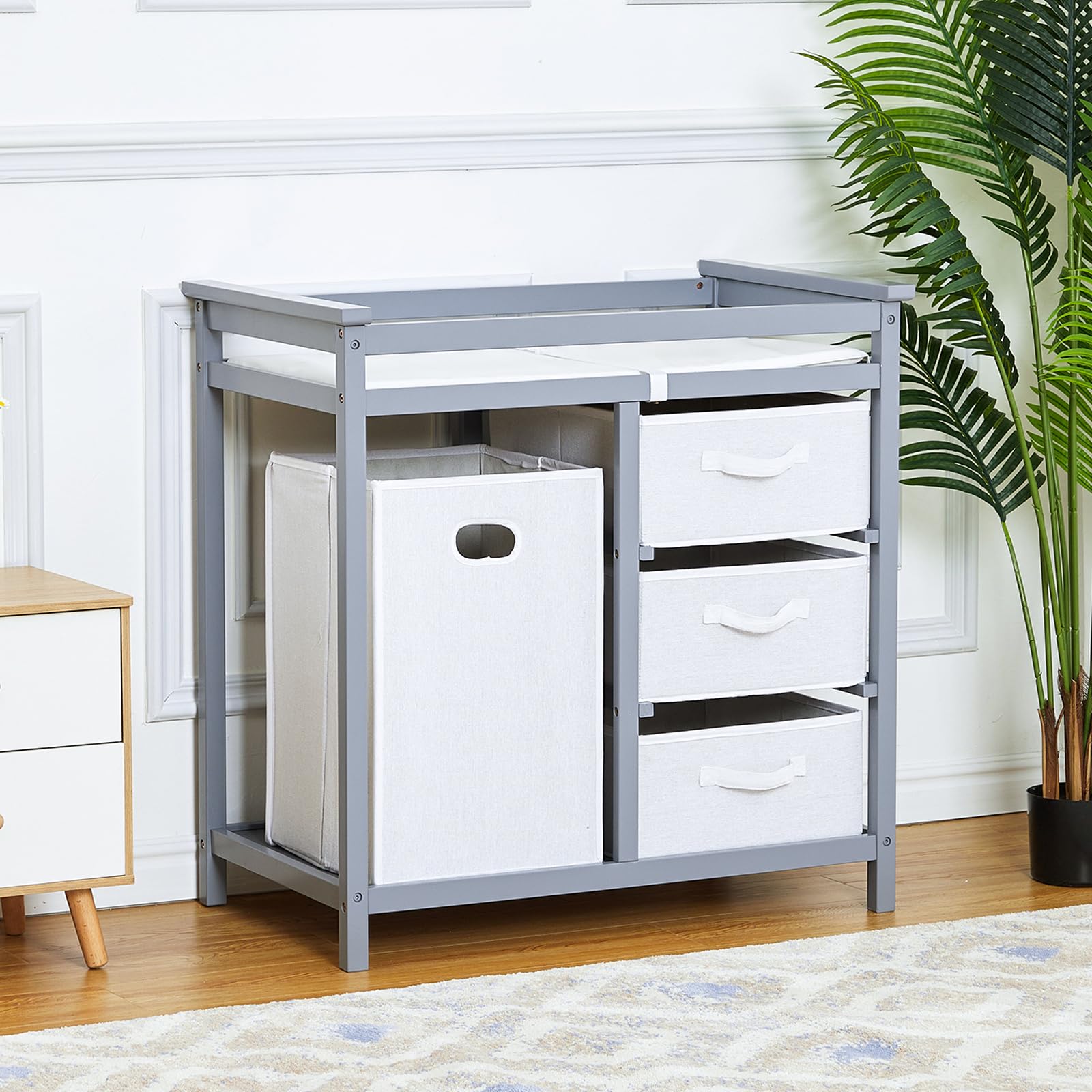 Garvee Wooden Diaper Changing Table, Modern Baby Changing Table, Infant Diaper Changing Station Dresser with Laundry Hamper, 3 Storage Drawers, and Garvee Wooden Diaper Changing Table, Modern Baby Changing Table, Infant Diaper Changing Station Dresser with Laundry Hamper, 3 Storage Drawers, and