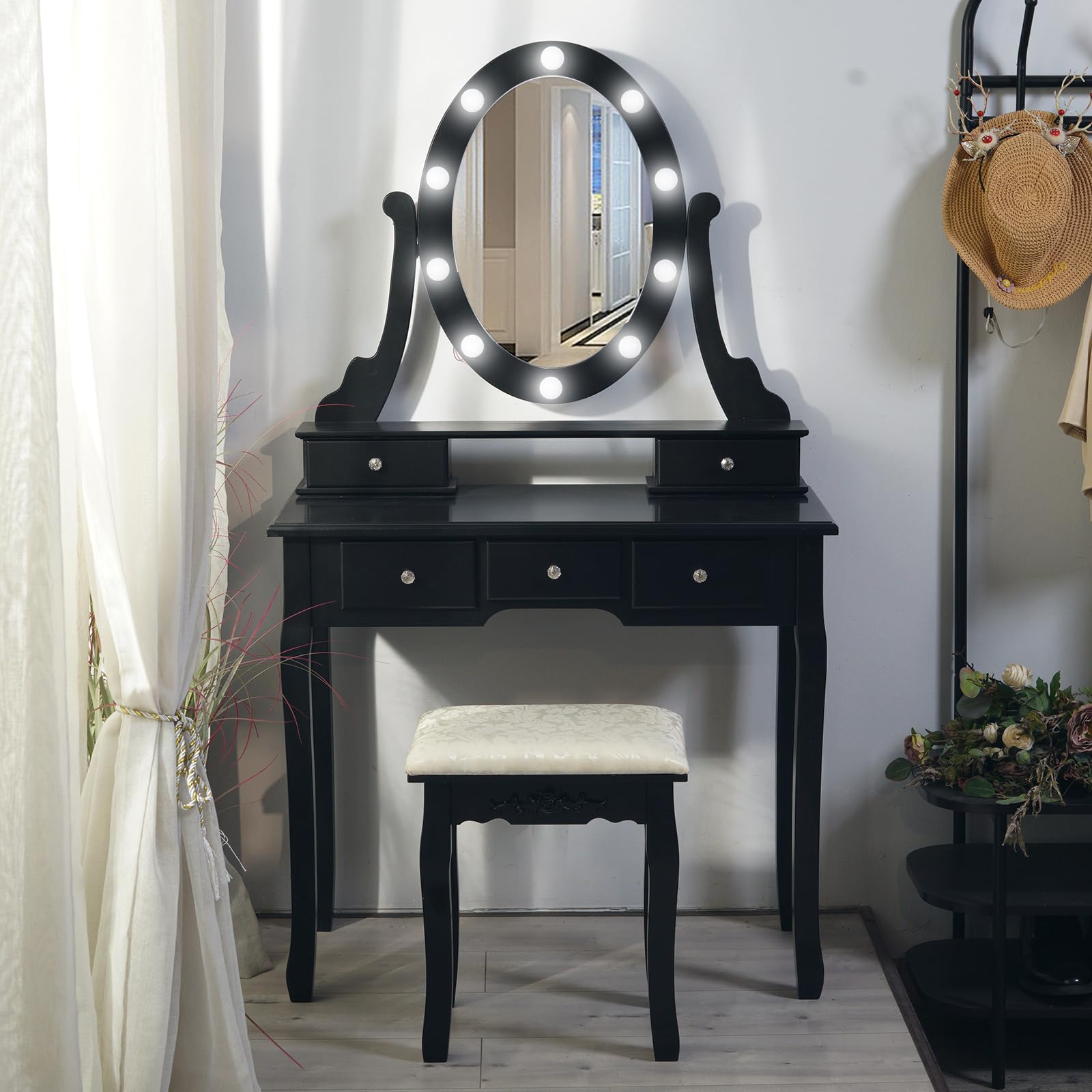 black dressing table with mirror and lights Black Dressing Table Hollywood LED Lights Mirror, Vanity Makeup Desk, Bedroom Makeup Table Set with Drawer