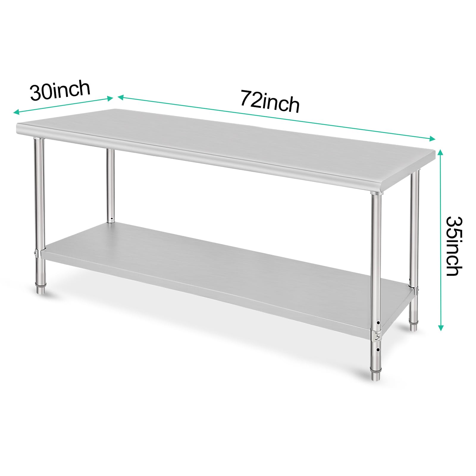 72x30x35 Inch Stainless Steel Table Metal Double Tier Worktable