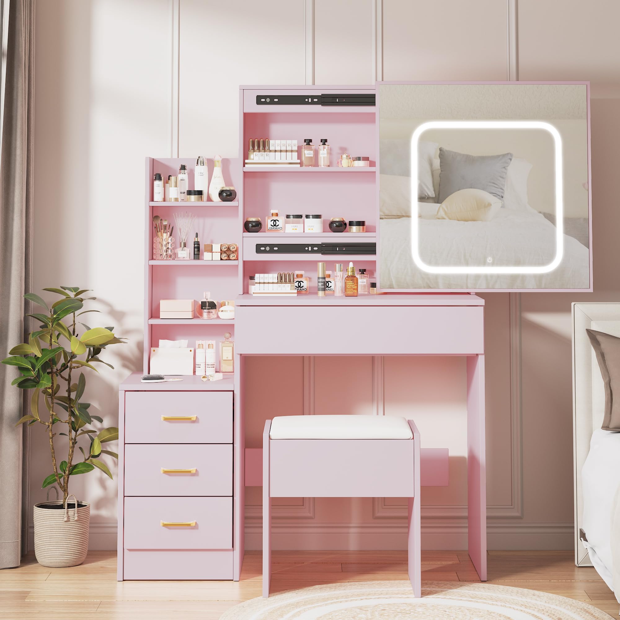 GARVEE Vanity Desk with LED Mirror, Sliding Mirror, Charging Station, 4 Drawers, Shelves, Cushioned Stool, Pink for Bedroom