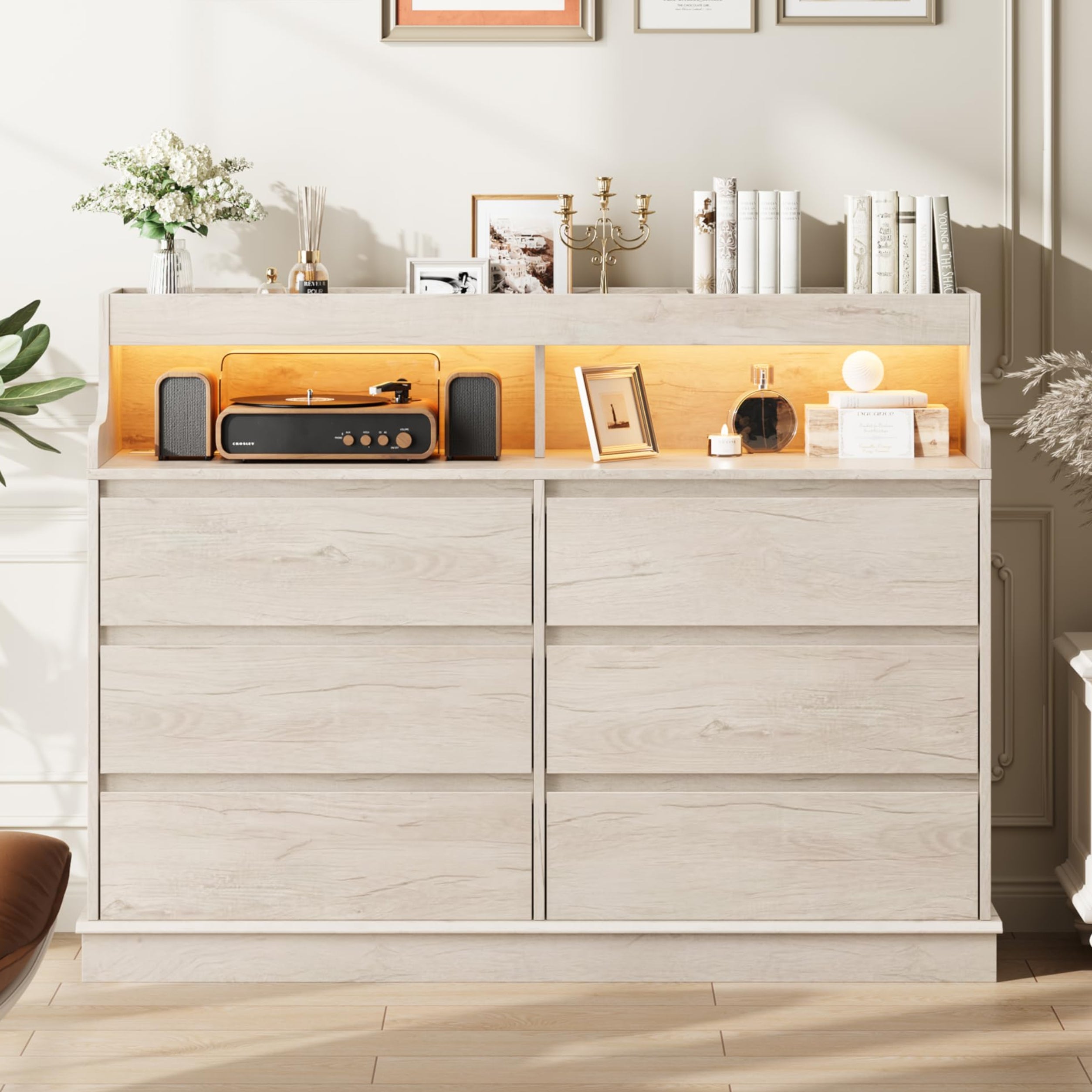 Garvee 6-Drawer Dresser with Top Organizer Cubbies for Bedroom, Modern Dresser with LED Lights & Charging Station, Wide Chest of 6 Drawers for Living