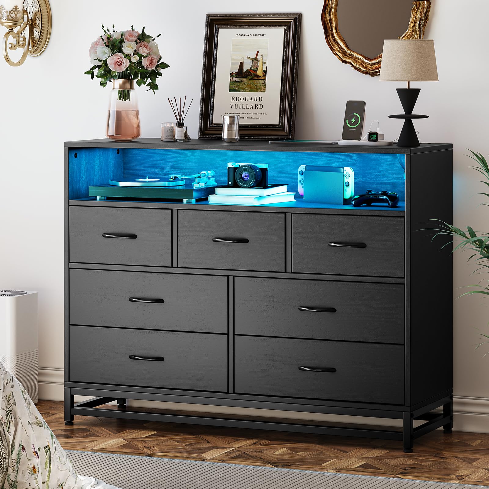 Garvee Modern Black 7-Drawer Dresser with Charging Station and LED Lights, Wooden Large Capacity Storage, Ideal for Bedroom, Living Room, Hallway Garvee Modern Black 7-Drawer Dresser with Charging Station and LED Lights, Wooden Large Capacity Storage, Ideal for Bedroom, Living Room, Hallway