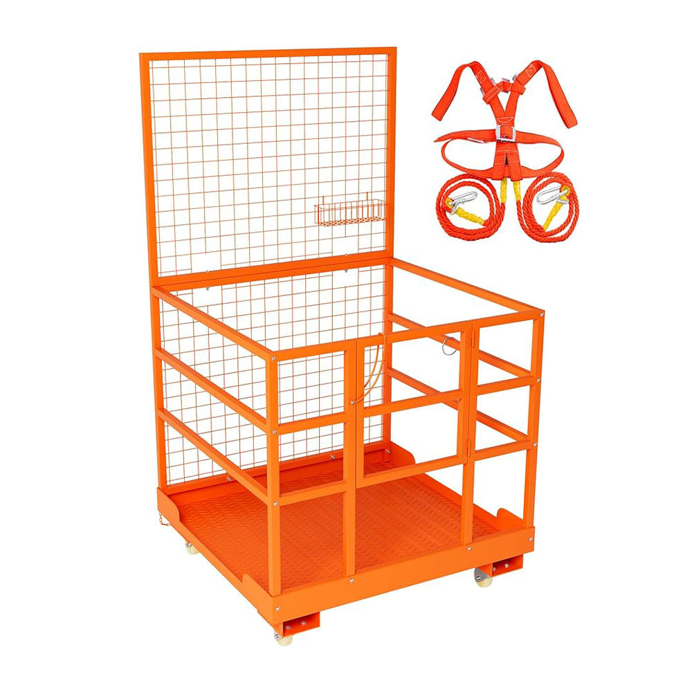 gear cages Garvee 43x45 Inch Forklift Safety Cage, 1800LBS Capacity Forklift Man Basket Work Platform with Guardrail and Safety Lock for 1-3 People, 2 Wheels