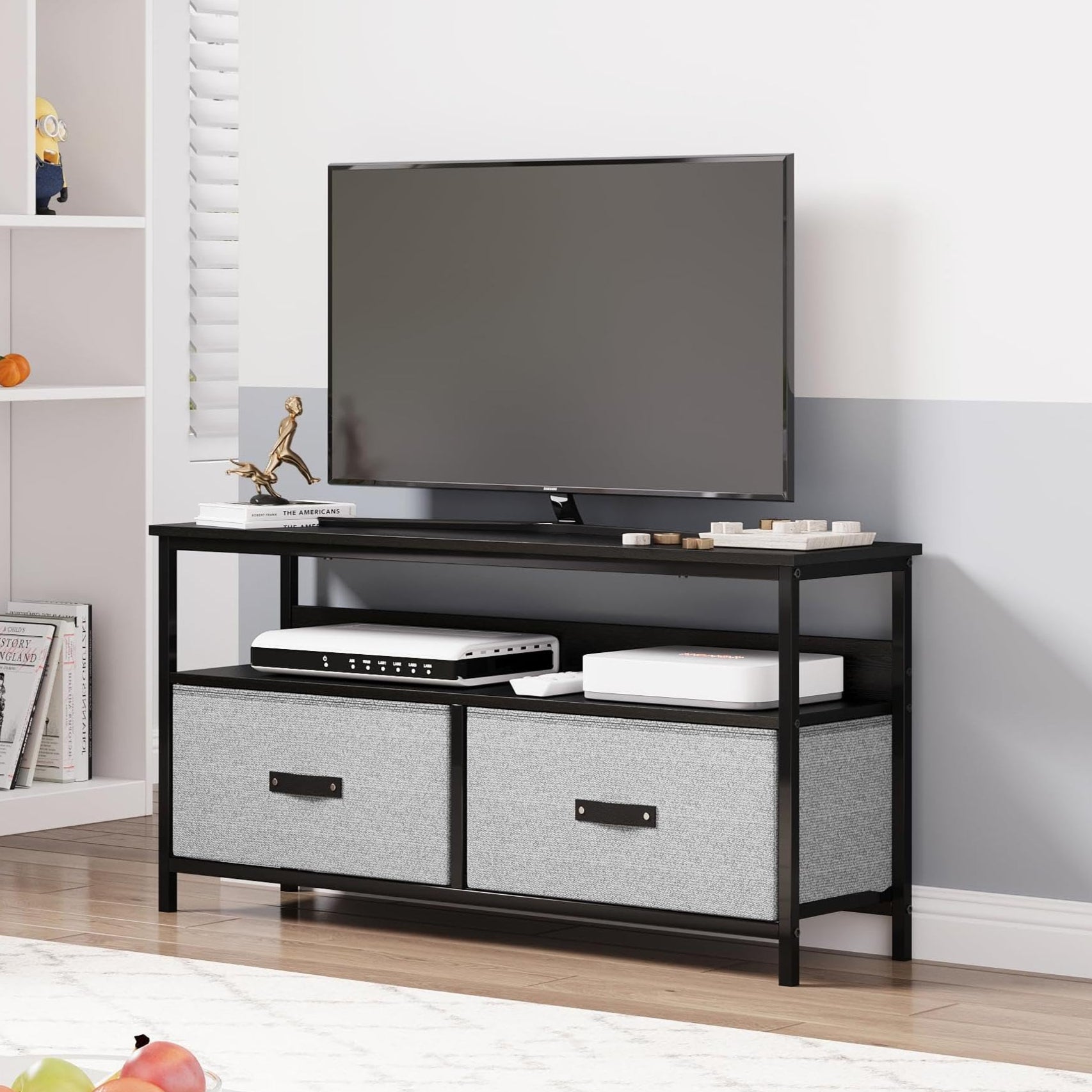 Garvee Dresser TV Stand Entertainment Center with Storage, 50 Inch, Grey  Wood Grain, 2 Fabric Drawers, Shelves, MDF, Metal, Living Room, Bedroom