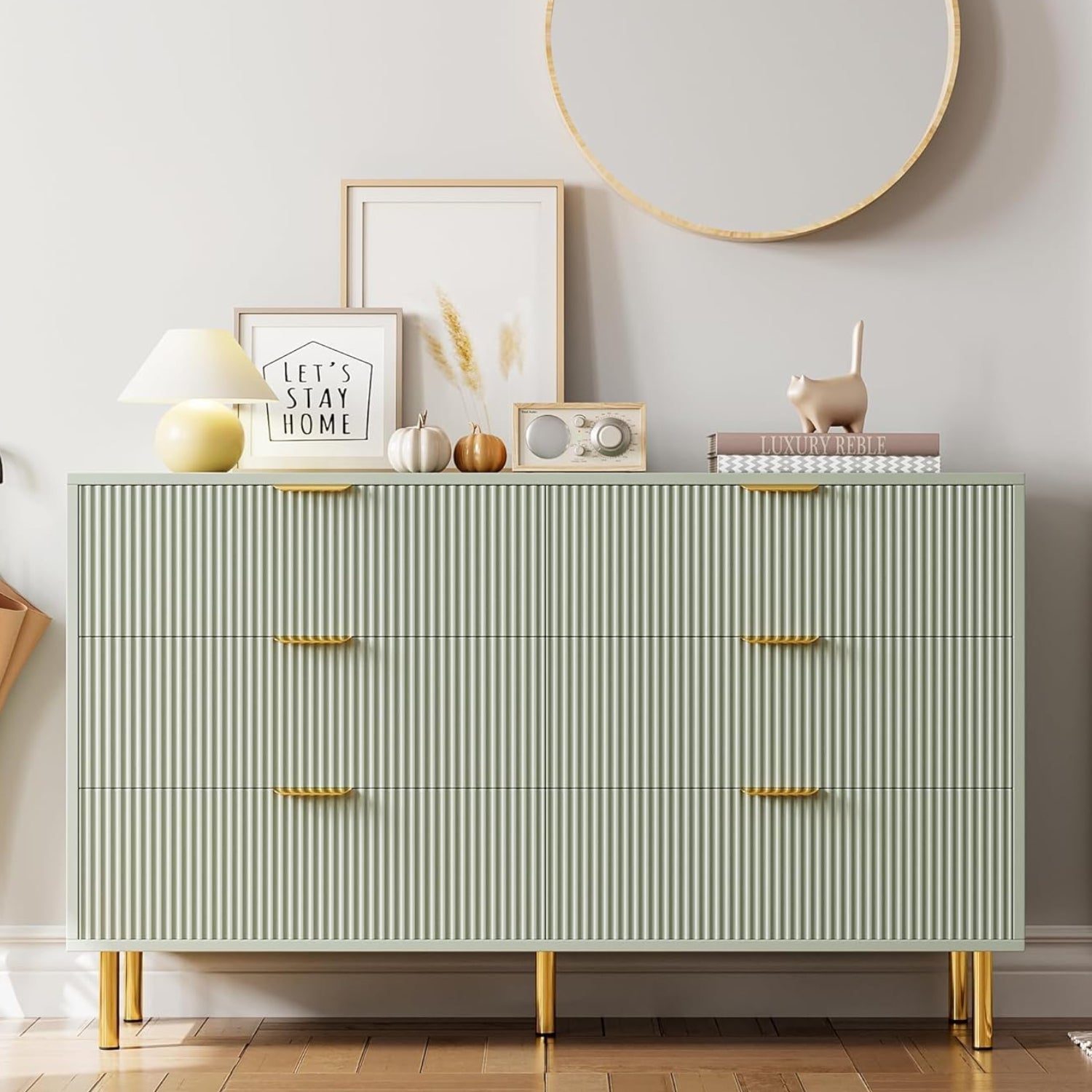Garvee Green Dresser, Modern 6-Drawer Dresser for Bedroom with Gold Handle and Large Storage for Bedroom & Living Room