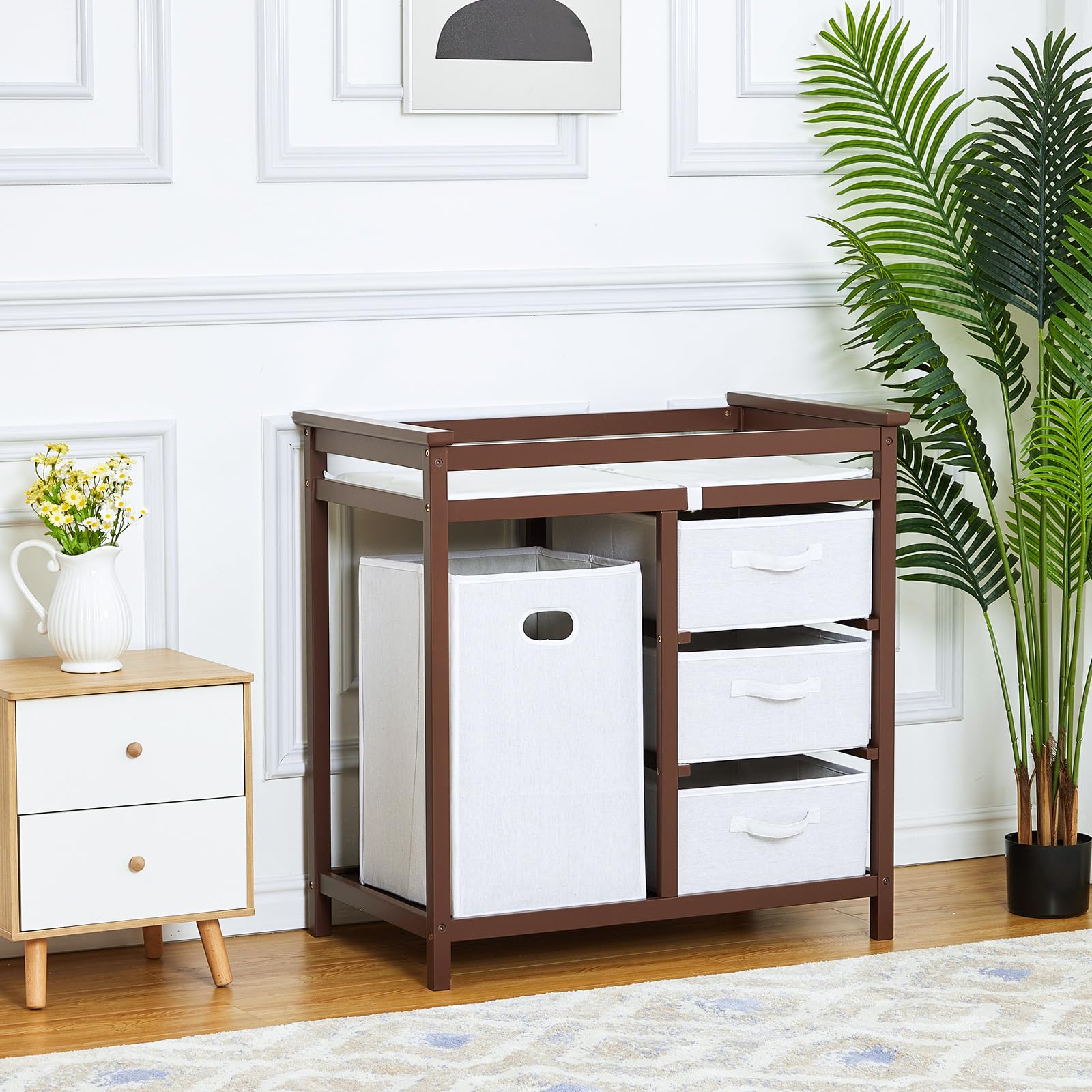 GAOMON Baby Changing Table, Wooden Diaper Changing Table, Infant Diaper Changing Station Dresser with Laundry Hamper, 3 Drawer Basket and Changing GAOMON Baby Changing Table, Wooden Diaper Changing Table, Infant Diaper Changing Station Dresser with Laundry Hamper, 3 Drawer Basket and Changing