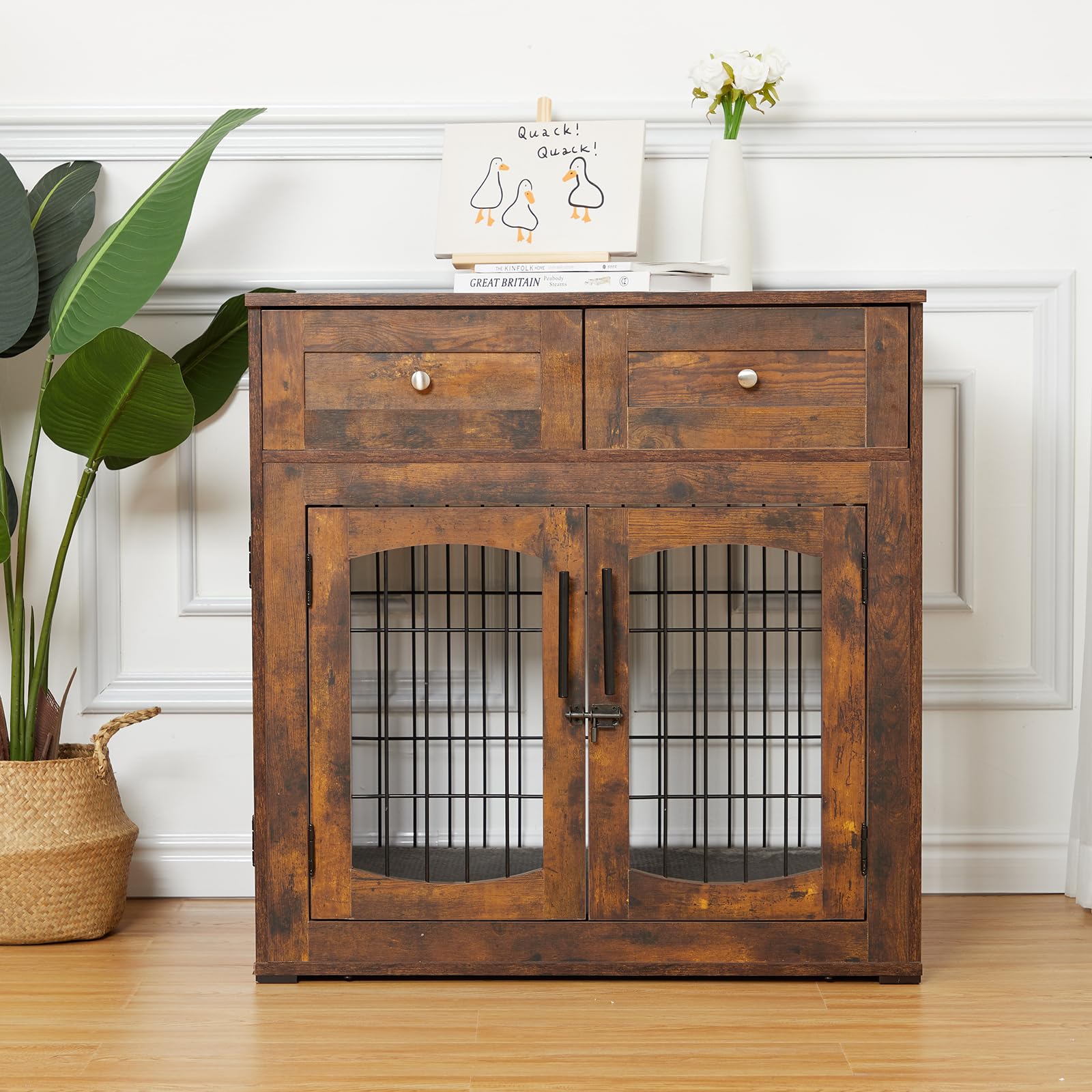GARVEE Wooden Dog Crate Table with Cushion 2 Drawers and 3 Doors Brow