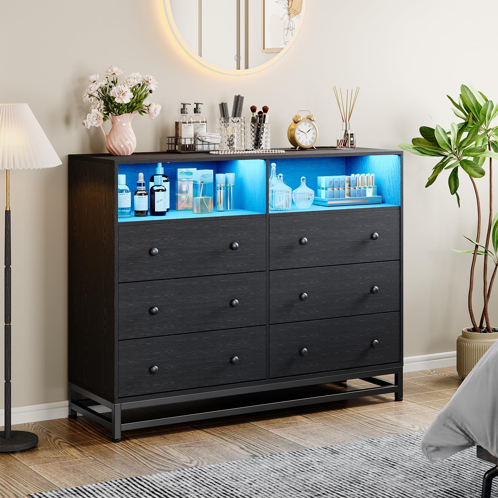 Garvee Wide Dresser for Bedroom with Charging Station, 6 Drawers, LED Lights, Wood, Modern Large Capacity Storage, Black Garvee Wide Dresser for Bedroom with Charging Station, 6 Drawers, LED Lights, Wood, Modern Large Capacity Storage, Black