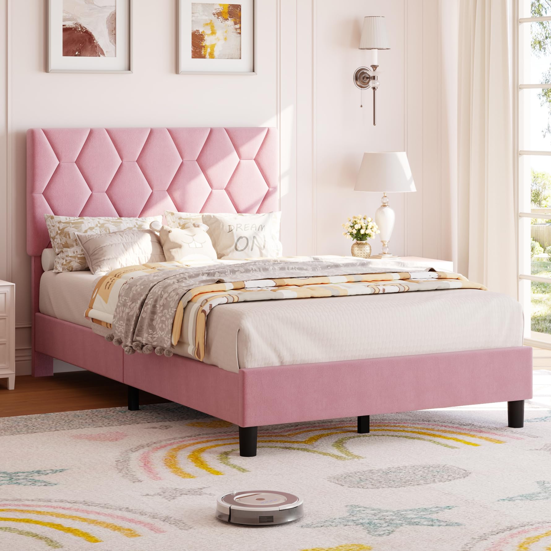 GARVEE Pink Twin Bed Frame with Upholstered Headboard