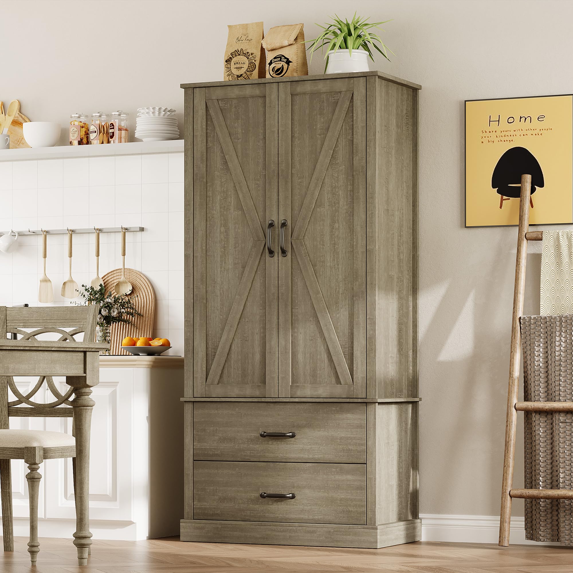 【vani】キャビネット Polibi White 47. 10in. W x 70.90 in. H Pantry Storage Cabinet with
