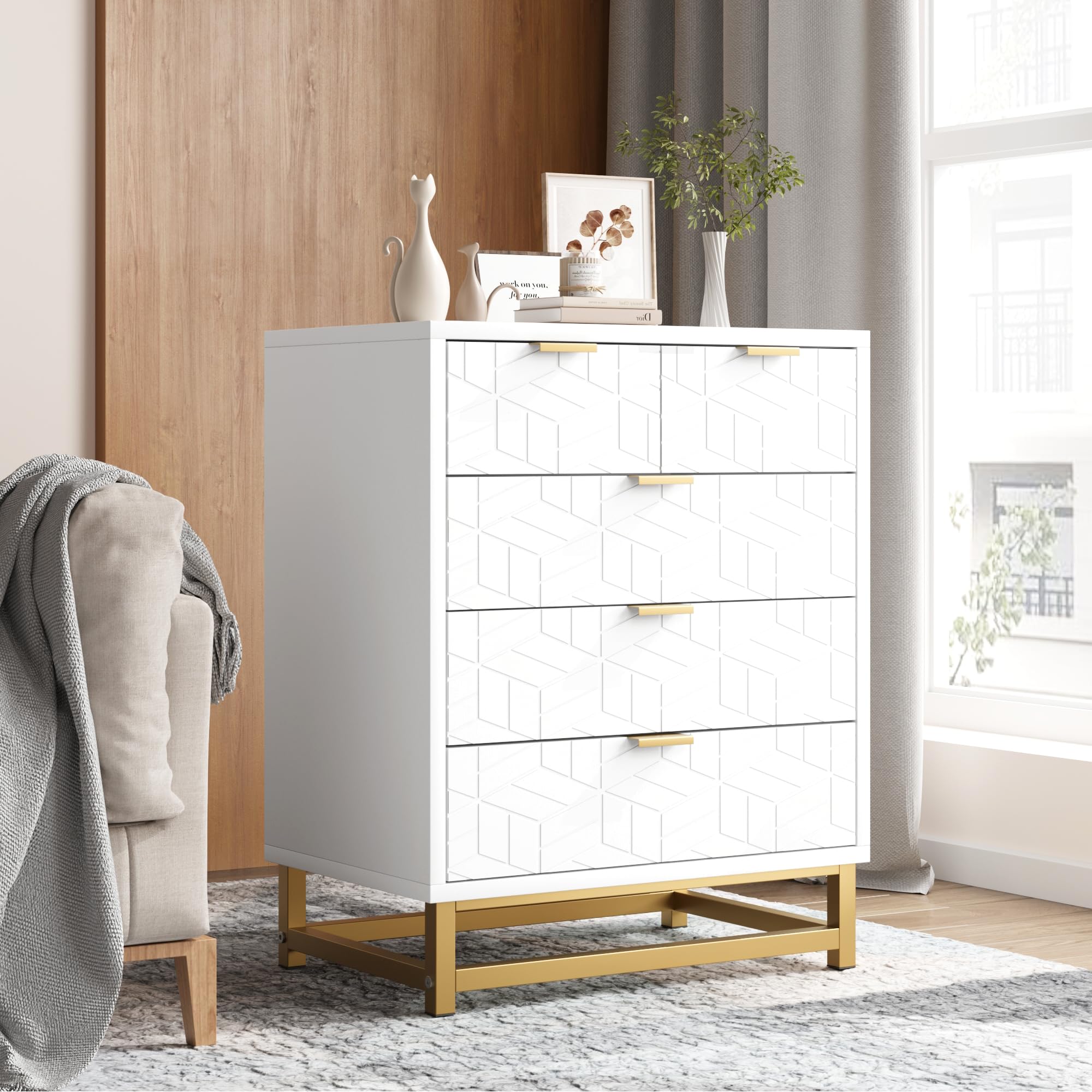 dresser white and gold Garvee White 5 Drawer Dresser for Bedroom, Chest of Drawers with Metal Base, Modern Dresser Chest Cabinet Organizer, Large Dresser for Living Room,